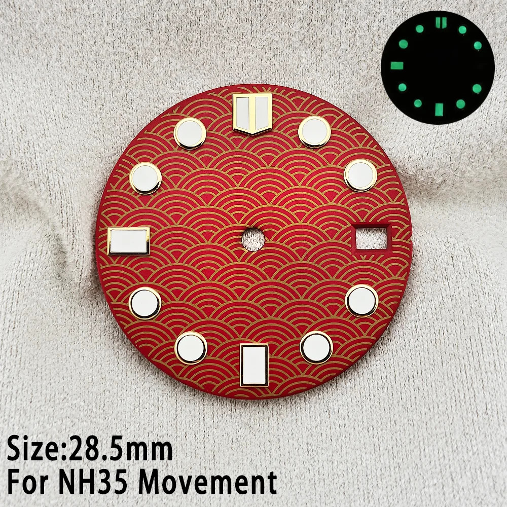28.5mm Fish Scale NH35 Dial with Date Window C3 Luminous Red Watch Parts