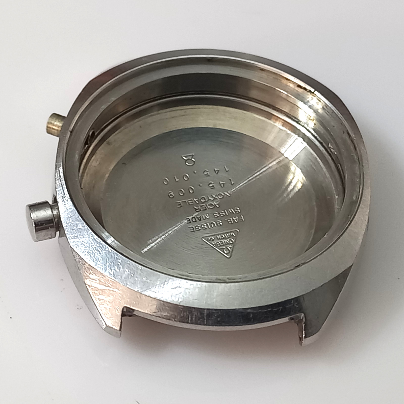 FOR PARTS OMEGA GENEVE CHRONOSTOP 145.009 UNPOLISHED S. STEEL CASE ( CASE ONLY )