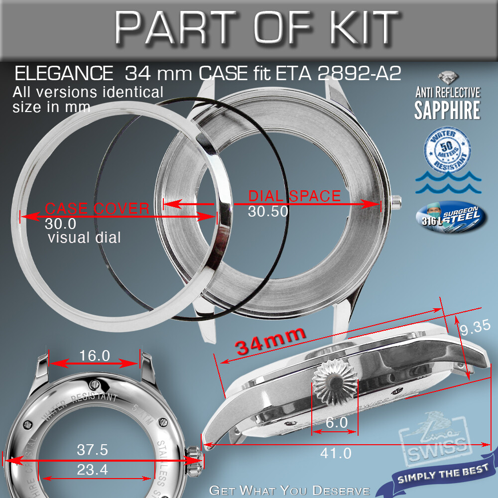 DO IT YOURSELF KIT 1: ELEGANCE CASE 34MM, DIAL, HANDS, fit ETA 2892-A2, SW300