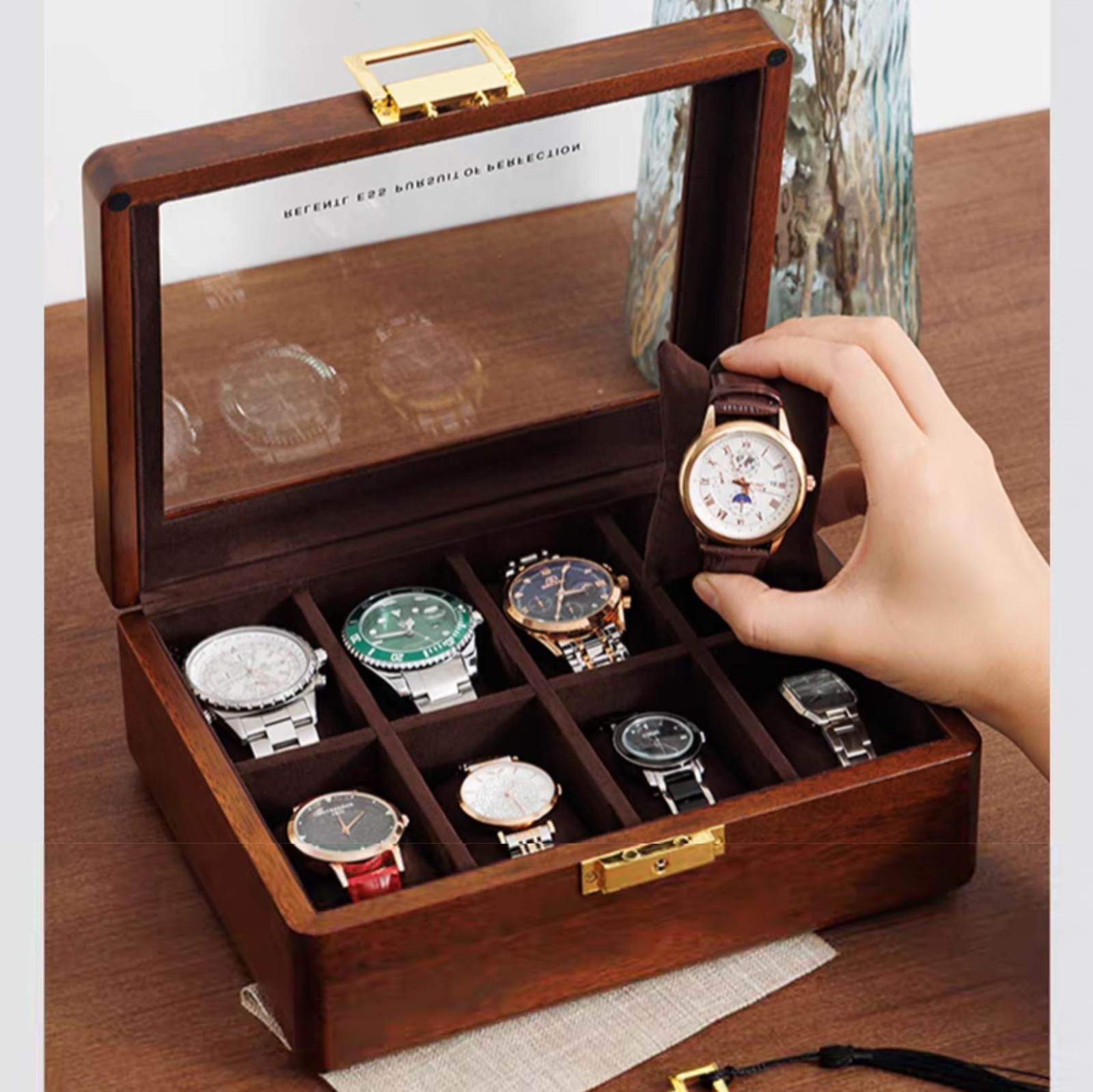 Bescott Solid Wood Watch Box 8 Slots With Glass Lid Walnut Collection Case Fo…