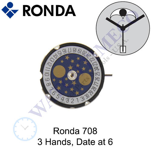 Genuine Ronda 708 Watch Movement Swiss Parts 3 Hands, Date at 6