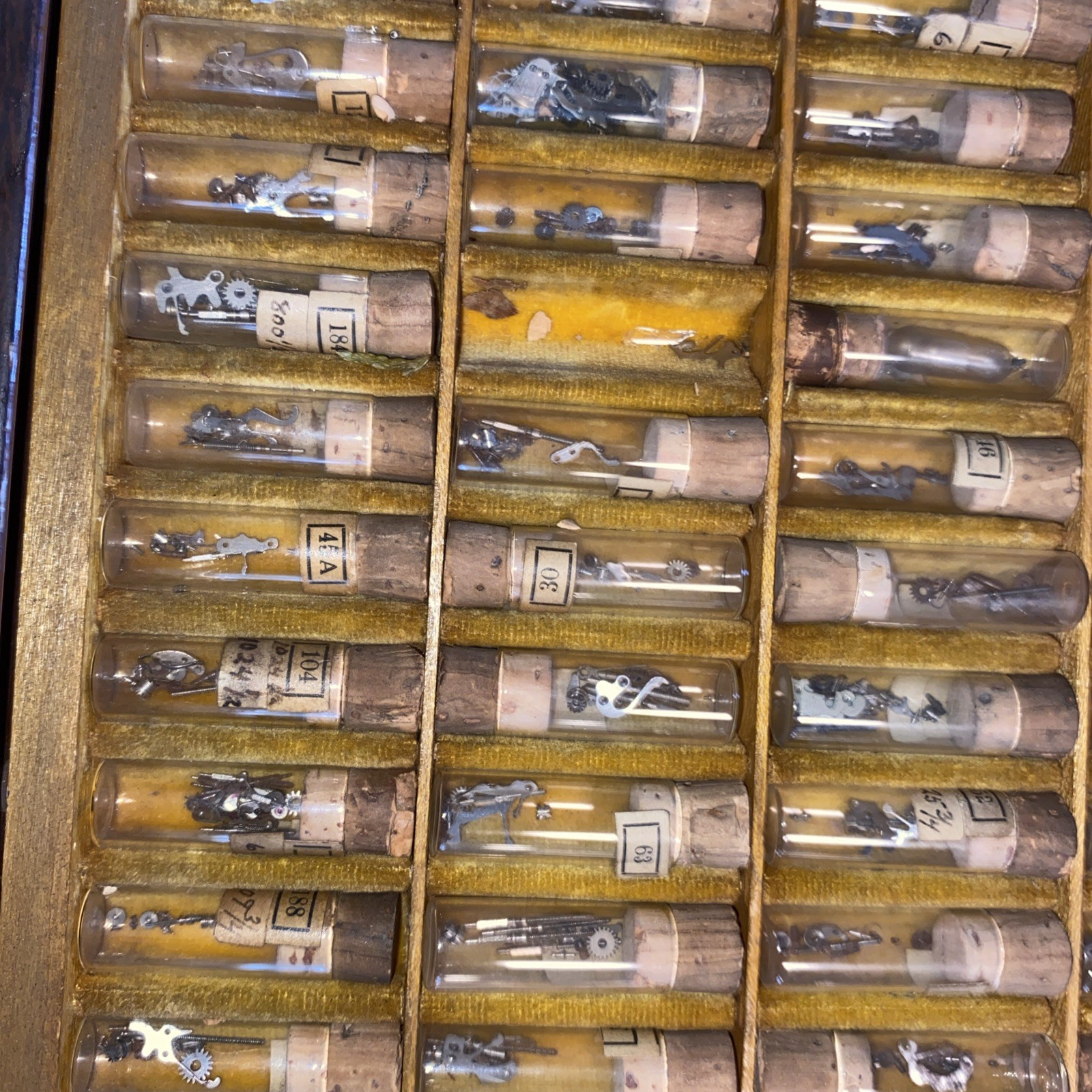 VTG SWARTCHILD & CO BOX CASE WATCHMAKER REPAIR WATCH ASSORTED PARTS GLASS VIALS