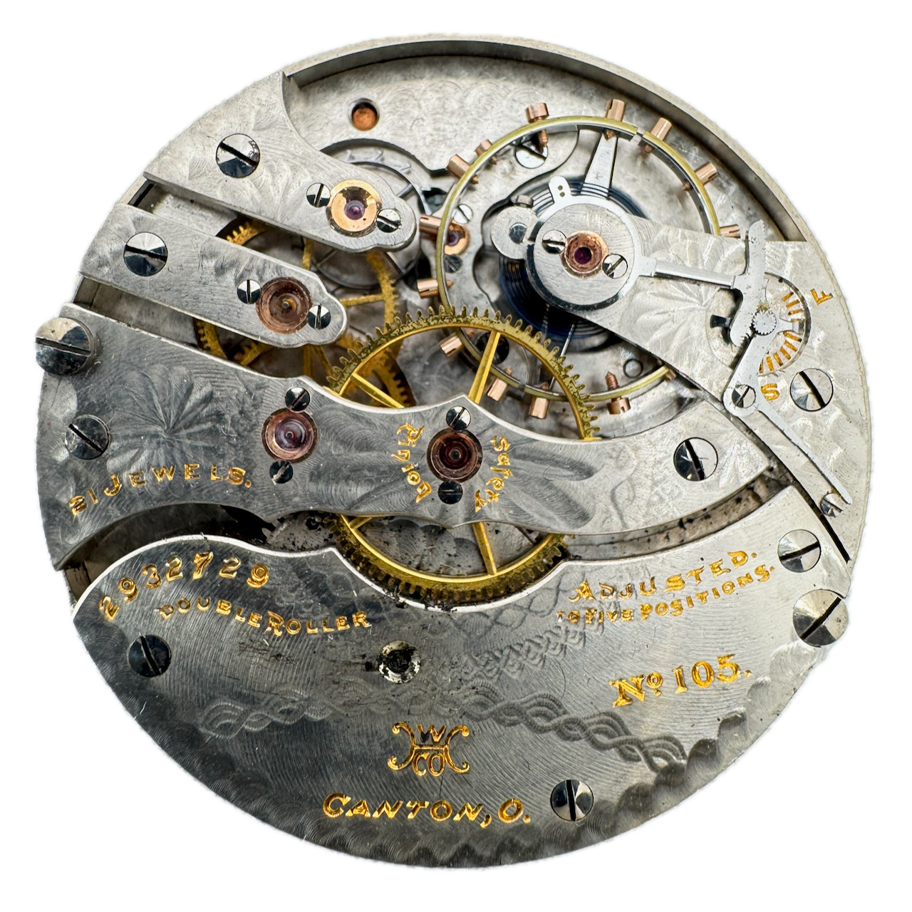 Antique 16s 1912 Hampden 21j Mechanical Railroad Pocket Watch Movement No. 105