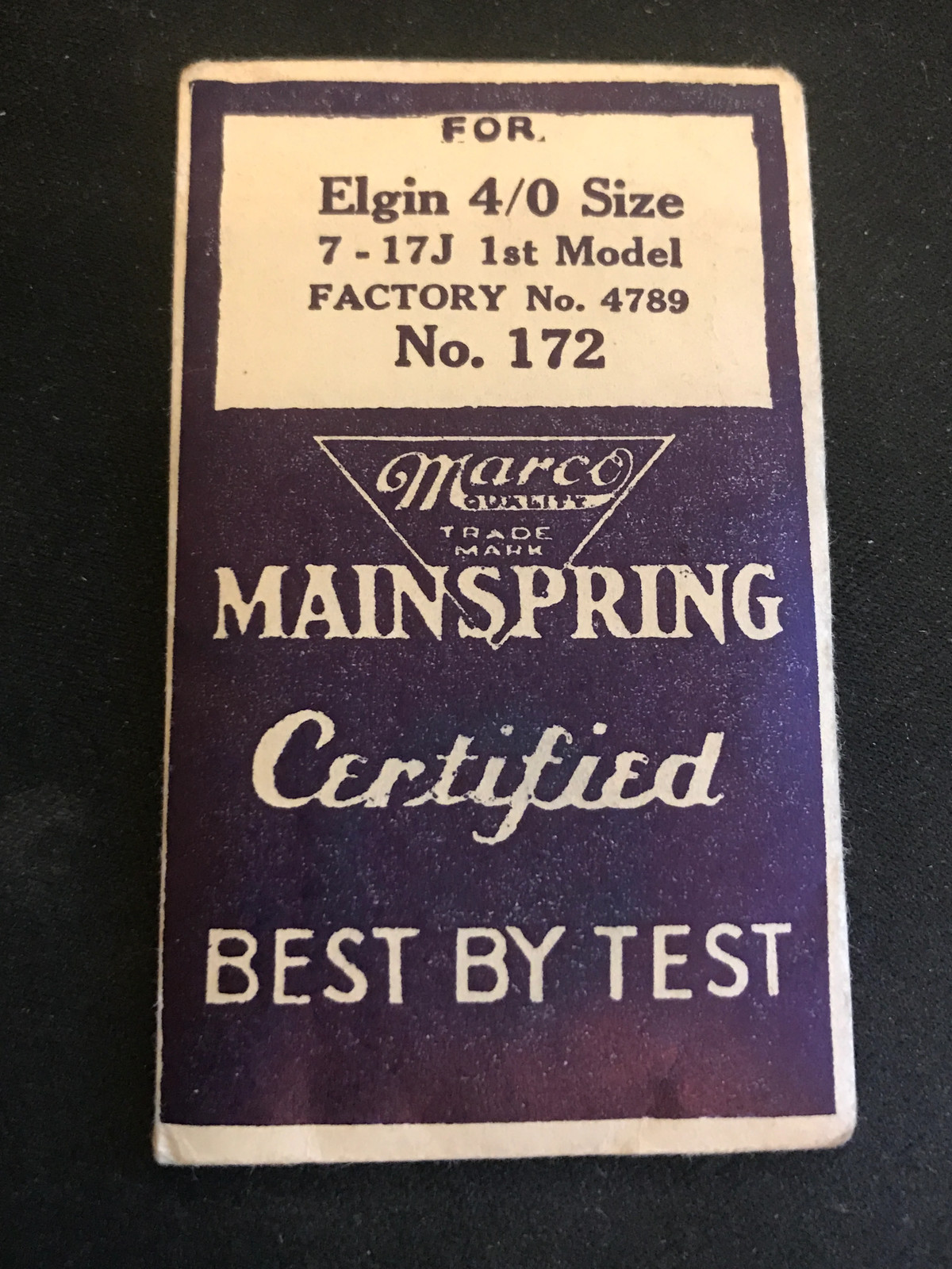 Marco Mainspring #172 for 4/0s Elgin 1st Model Factory No. 4789 – Steel