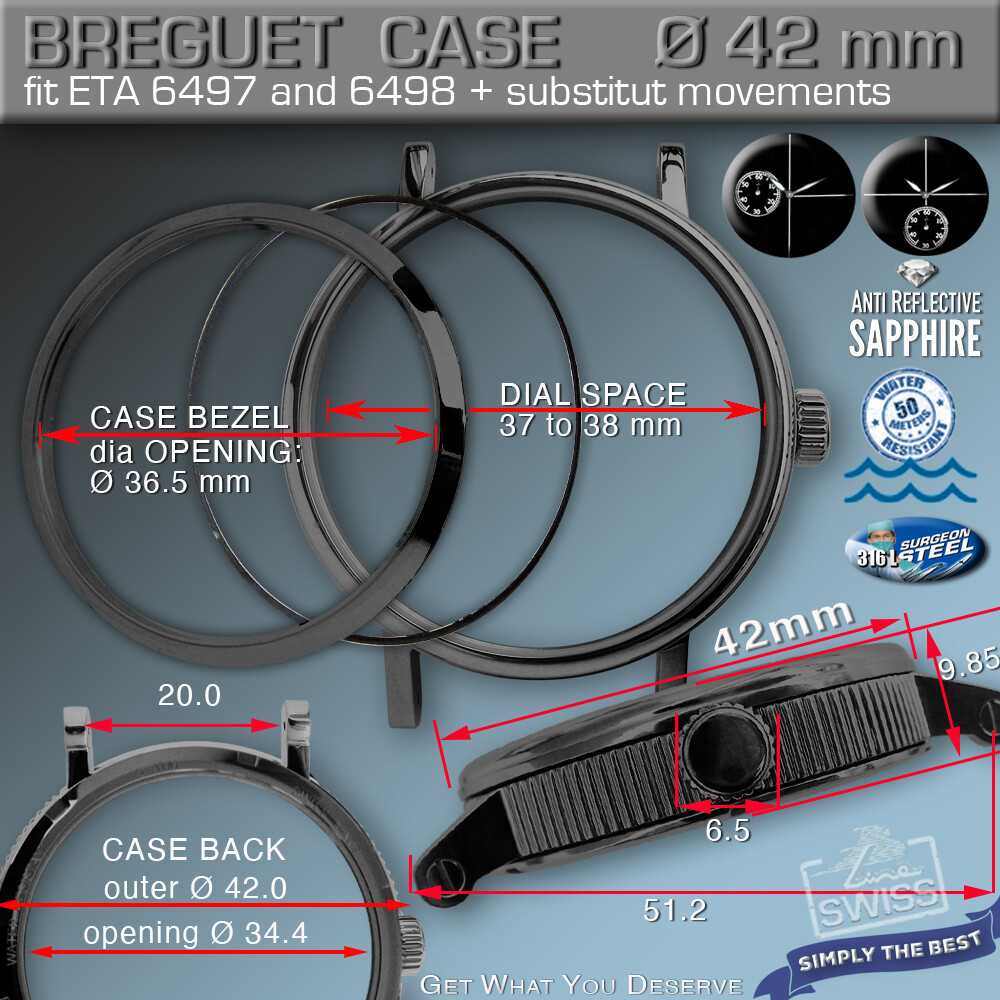 WATCH CASE BREGUET, 42 MM, BLACK PVD, SAPPHIRE C, MOVM. ETA 6497, 6498, DB6, DB9