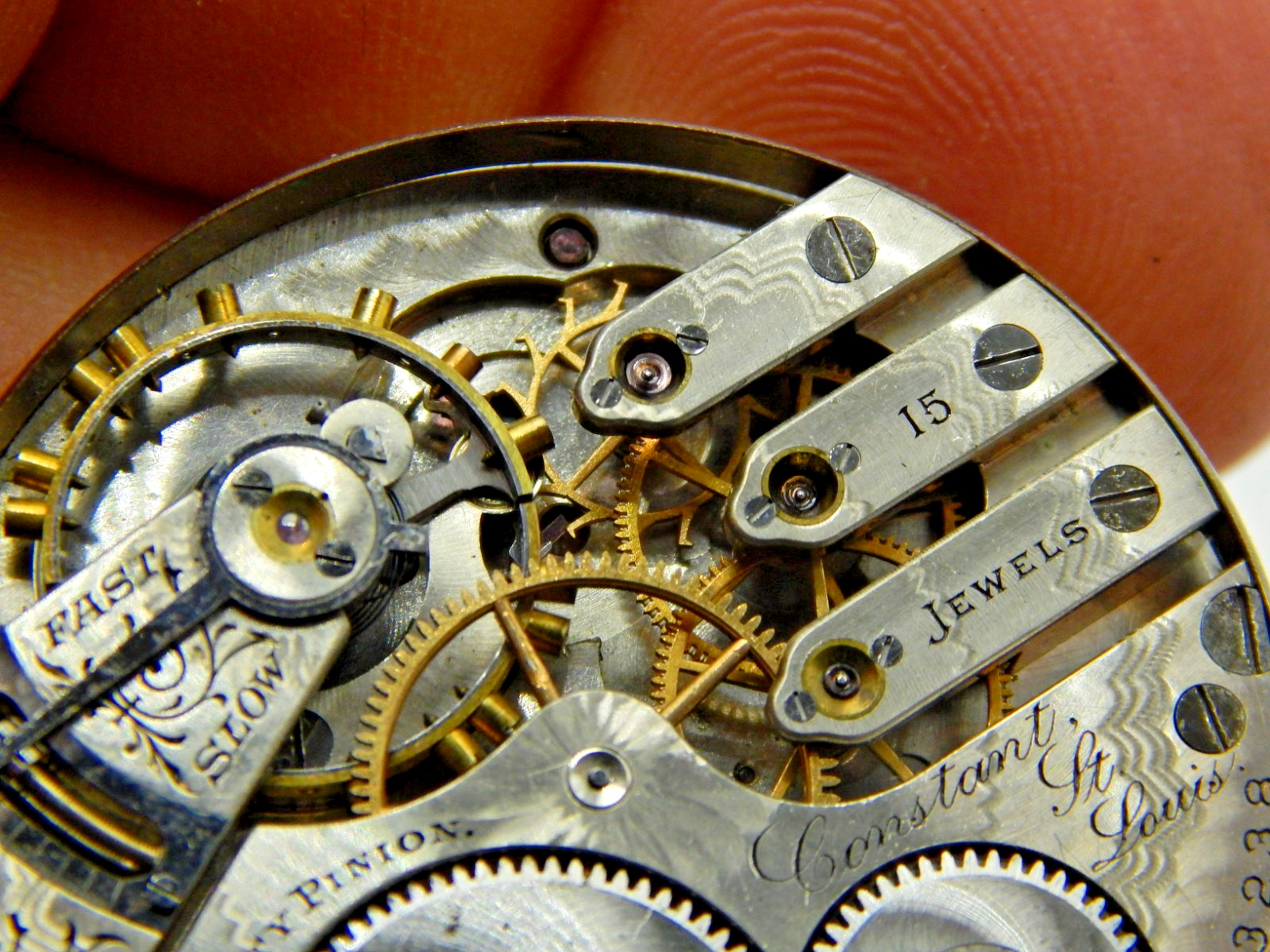 Antique Pocket watch movement Elgin GR 247 3 finger Pr Label St Louis Constant