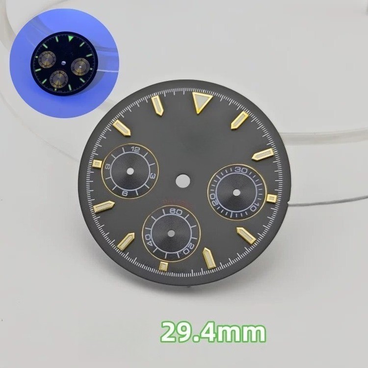 3-Eye Chronograph Dial Lume Gold Sub-Dials Fit Quartz Movement Mod