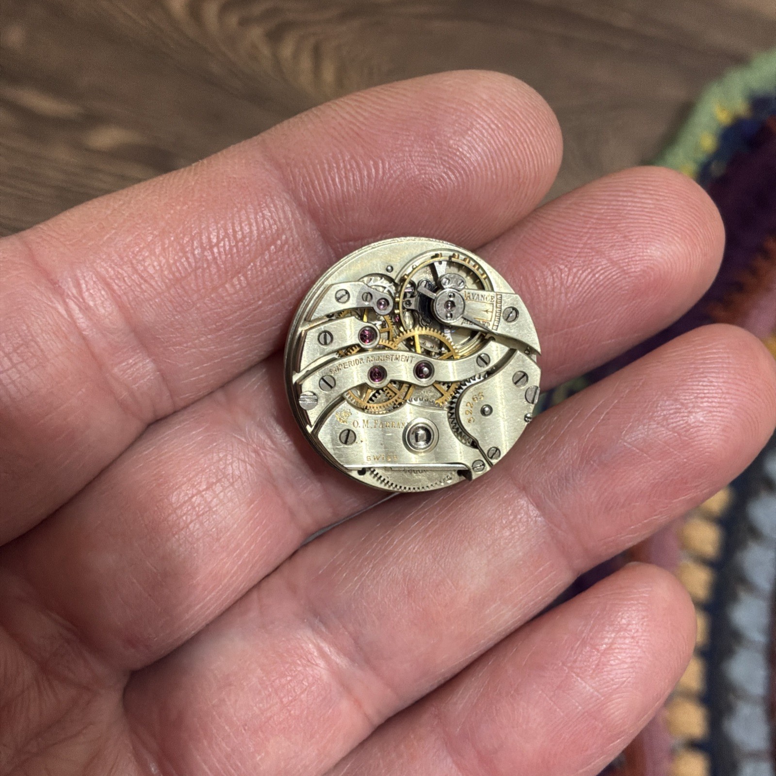 Antique Swiss O. M. Farrand High End Pocket Watch Movement 23.5mm Parts/Repair