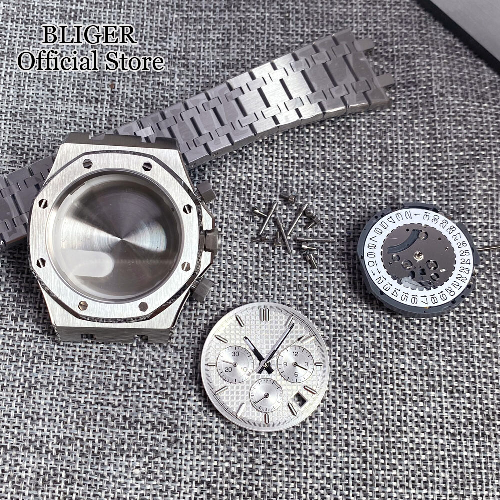 42mm Brushed Watch Case Bracelet 32.1mm Black Blue Dial Fit VK63 Quartz Sapphire