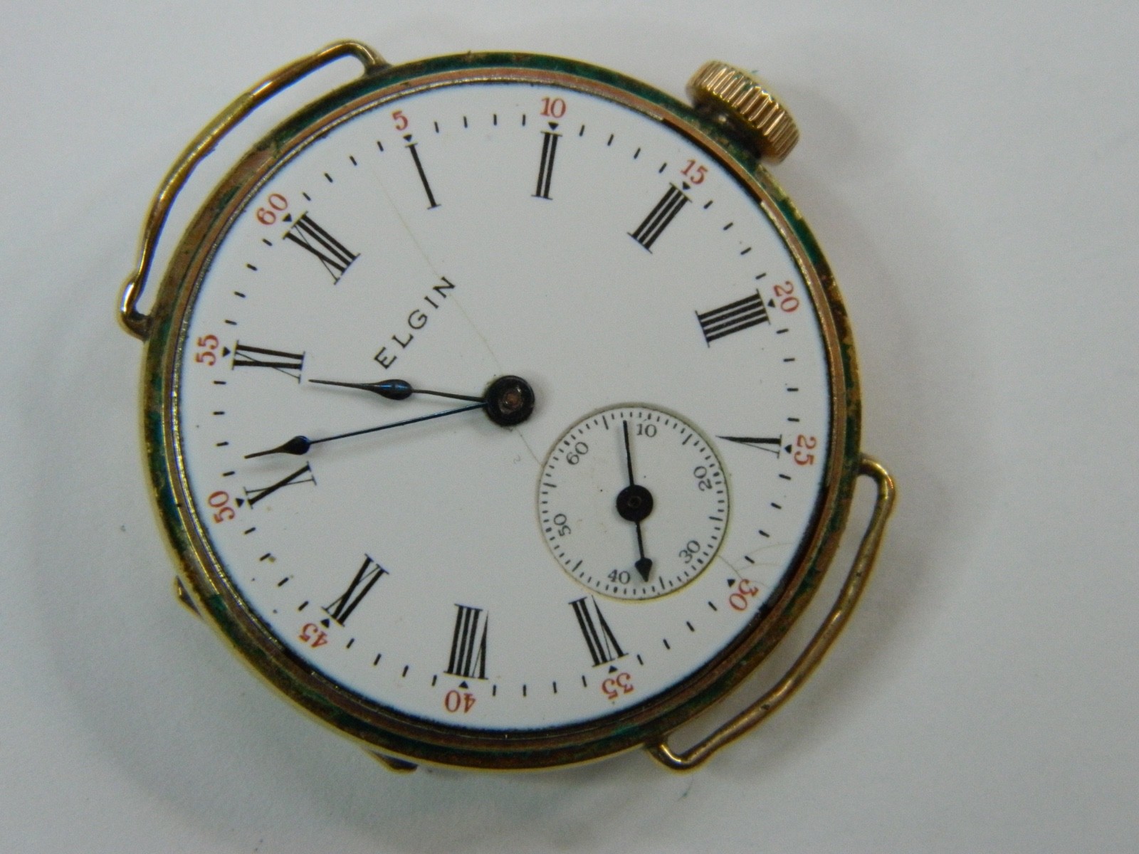 1908 PRE-WW1 ELGIN 0S 10K GOLD FILLED WIRE LUGS TRENCH WATCH – FINE CASE -REPAIR