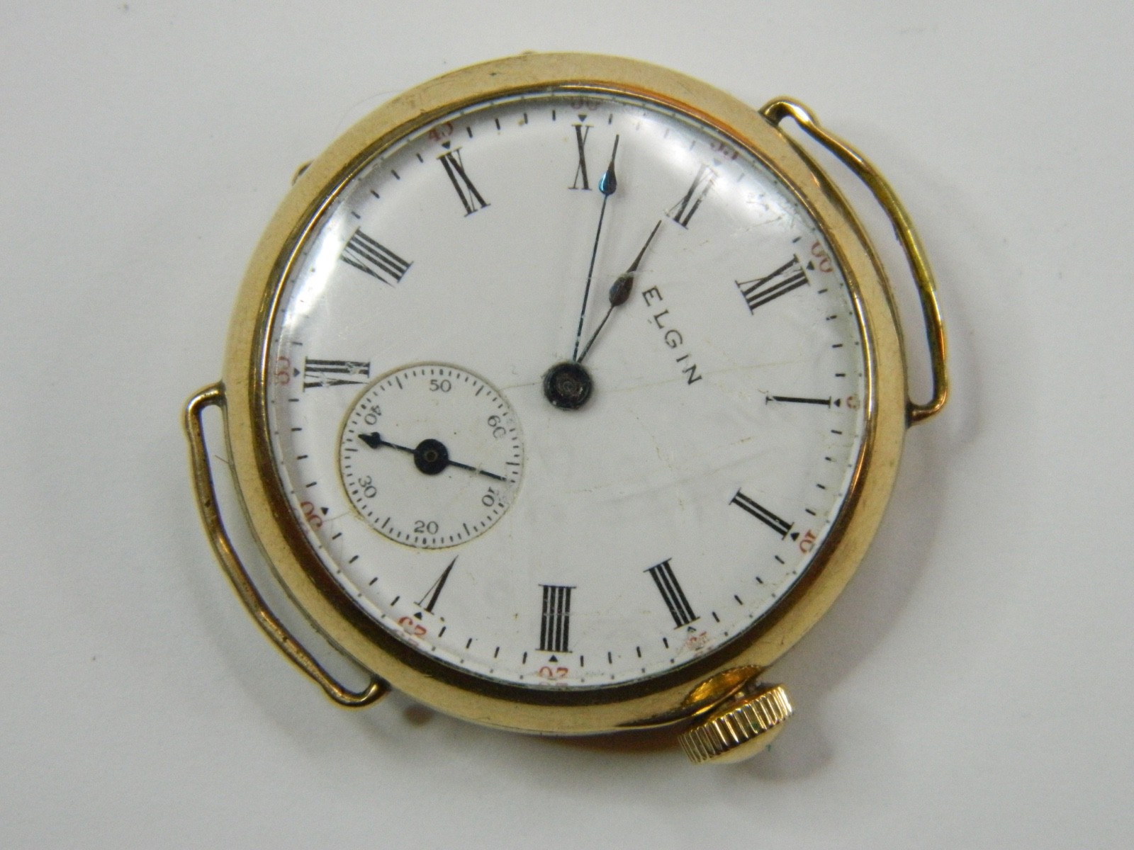 1908 PRE-WW1 ELGIN 0S 10K GOLD FILLED WIRE LUGS TRENCH WATCH – FINE CASE -REPAIR