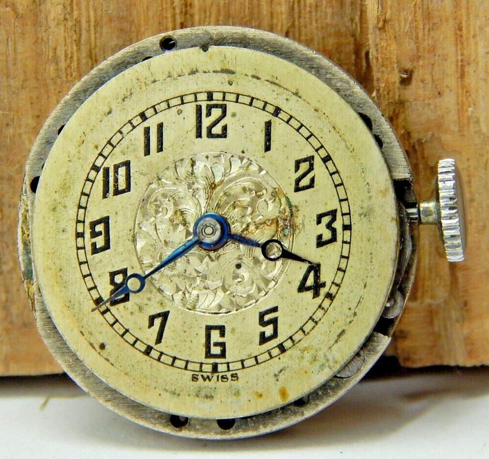 Vintage Hekler 15 jewel 3 adjustment 8/0s watch movement with dial hands & crown