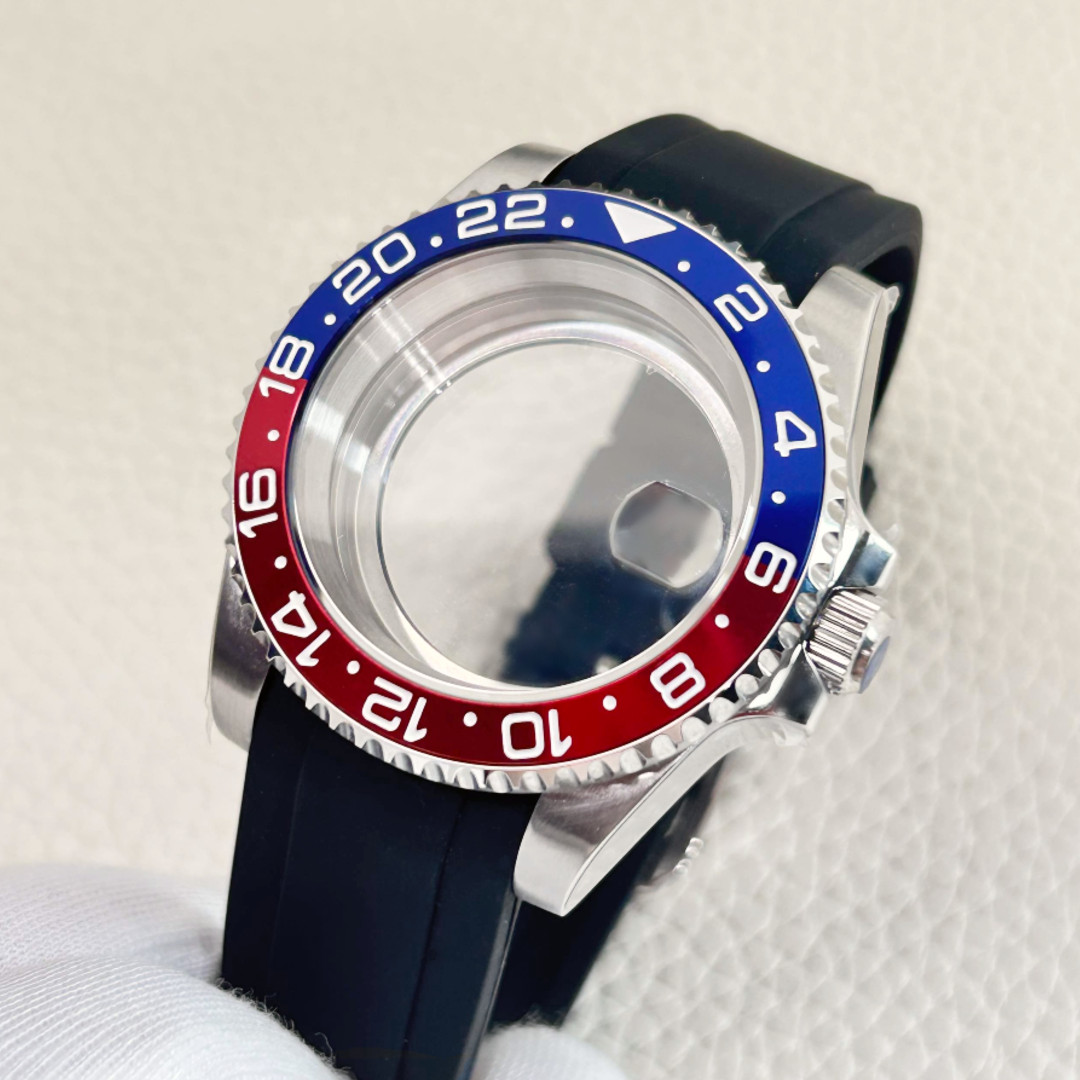 Brushed Red / Blue 40mm 24H Bezel Watch Case Rubber 20ATM Fit Nh35 Nh34 Movement