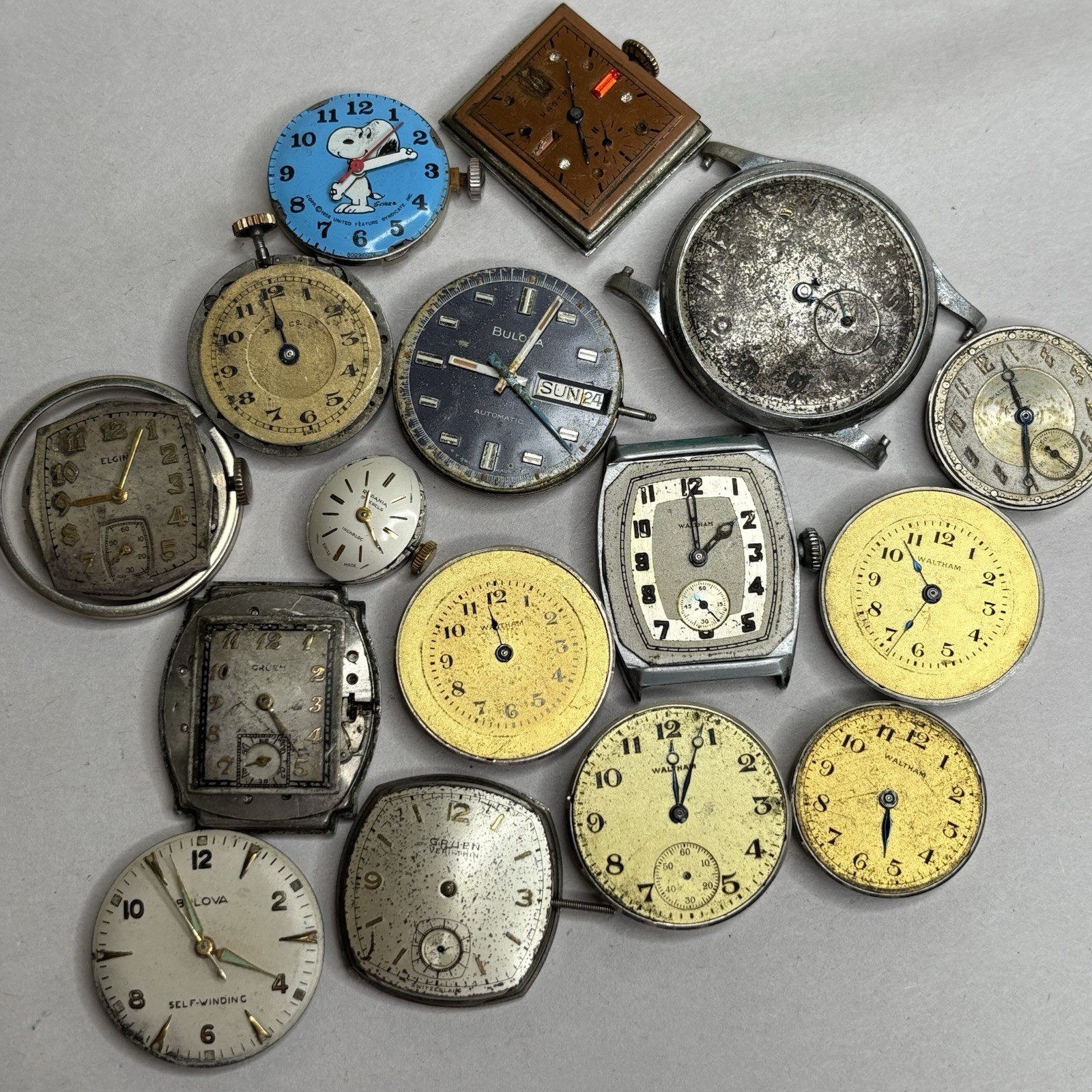 Broken Vintage Watch Movements Parts Lot – Bulova Automatic Waltham Gruen Elgin