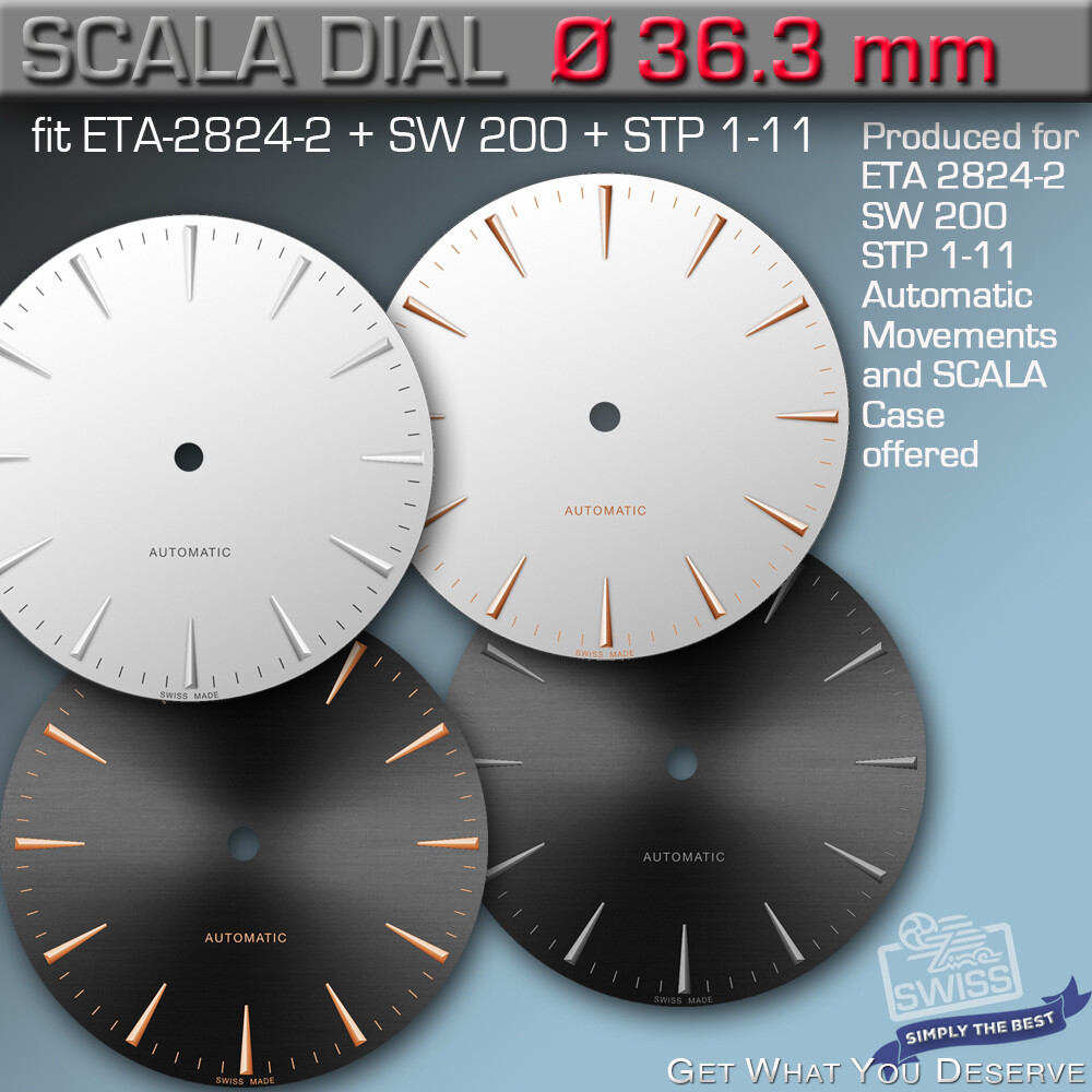 DIAL, ETA 2824-2 + SW 200, STP 1-11, Ø 36.3 MM BLACK+SILVER, APPLIED HR MARKERS