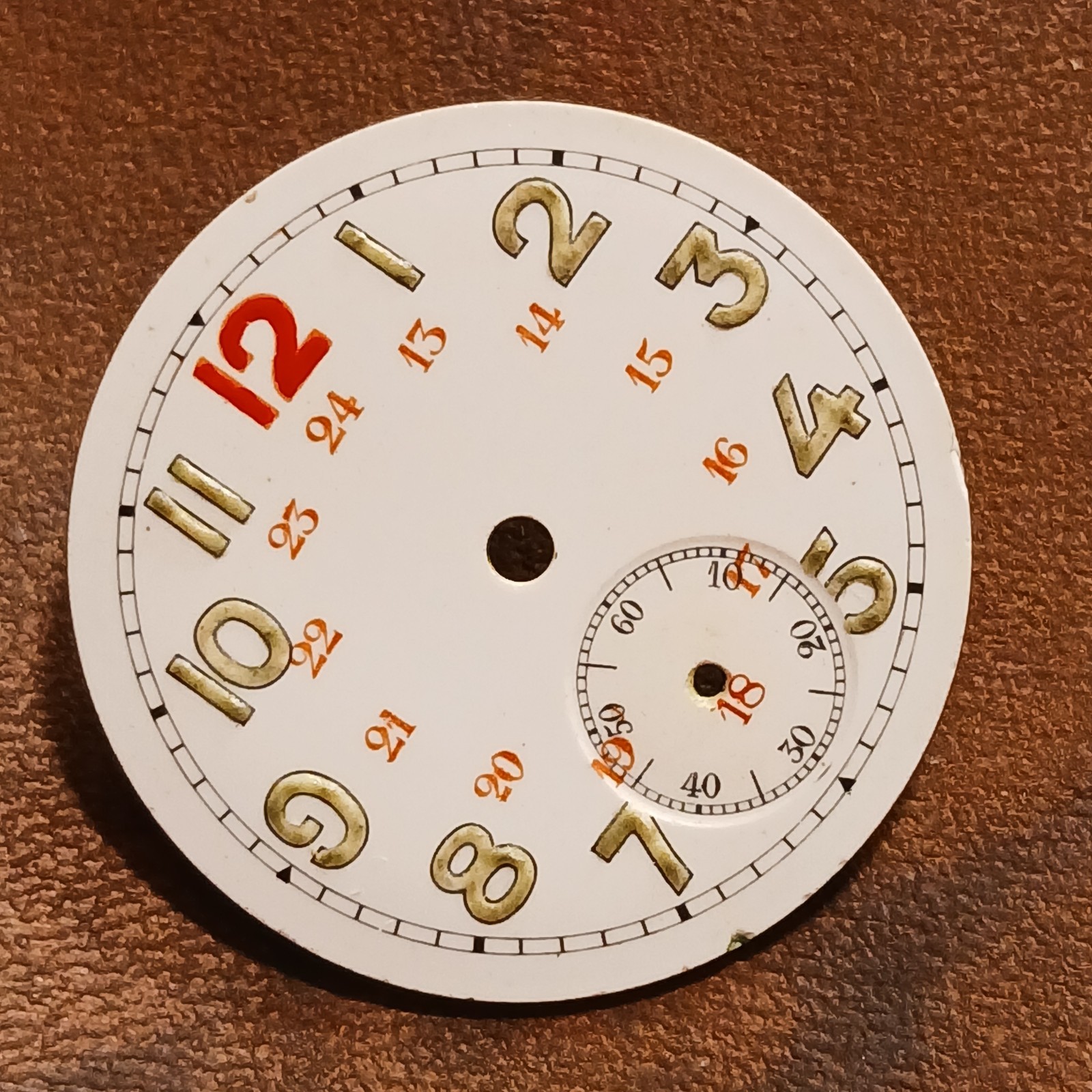 Vintage Porcelain WWI Military 24 Hour Red Numbers Trench Watch Dial 29.2 mm