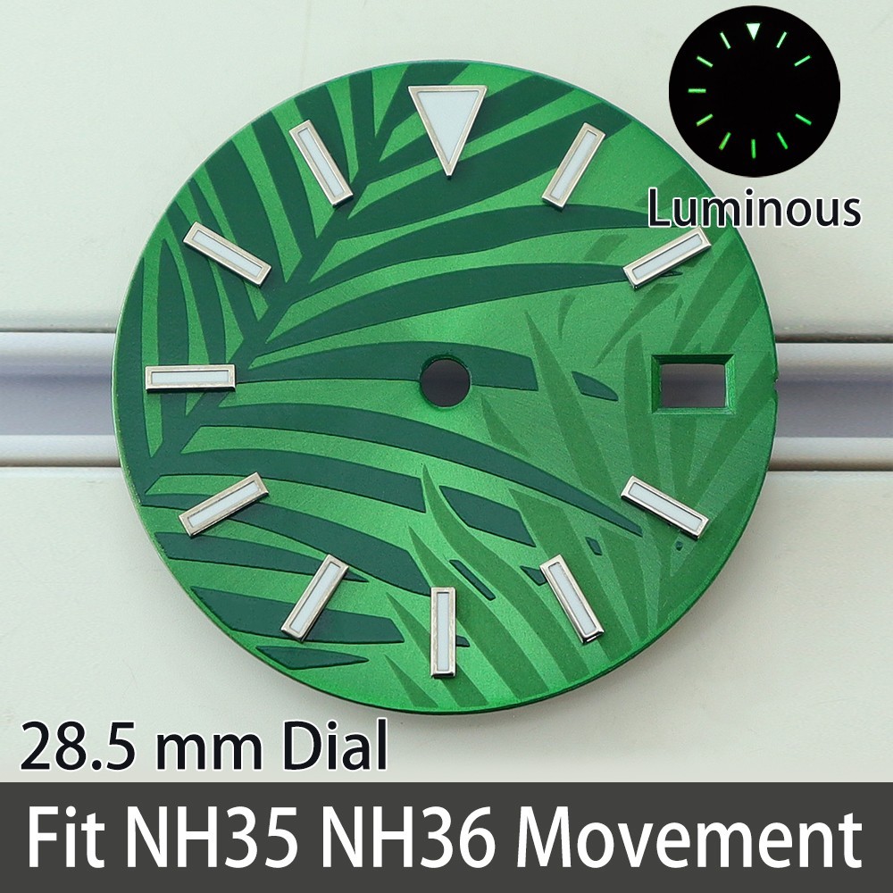 28.5mm explorer Palm Leaf Watch Dials C3 Green Luminous For Seiko NH35 Movement