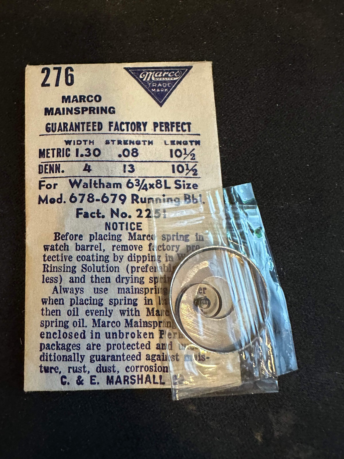 Marco Mainspring #276 for Waltham 6¾ ligne Model 678, 679 No. 2251 – Steel