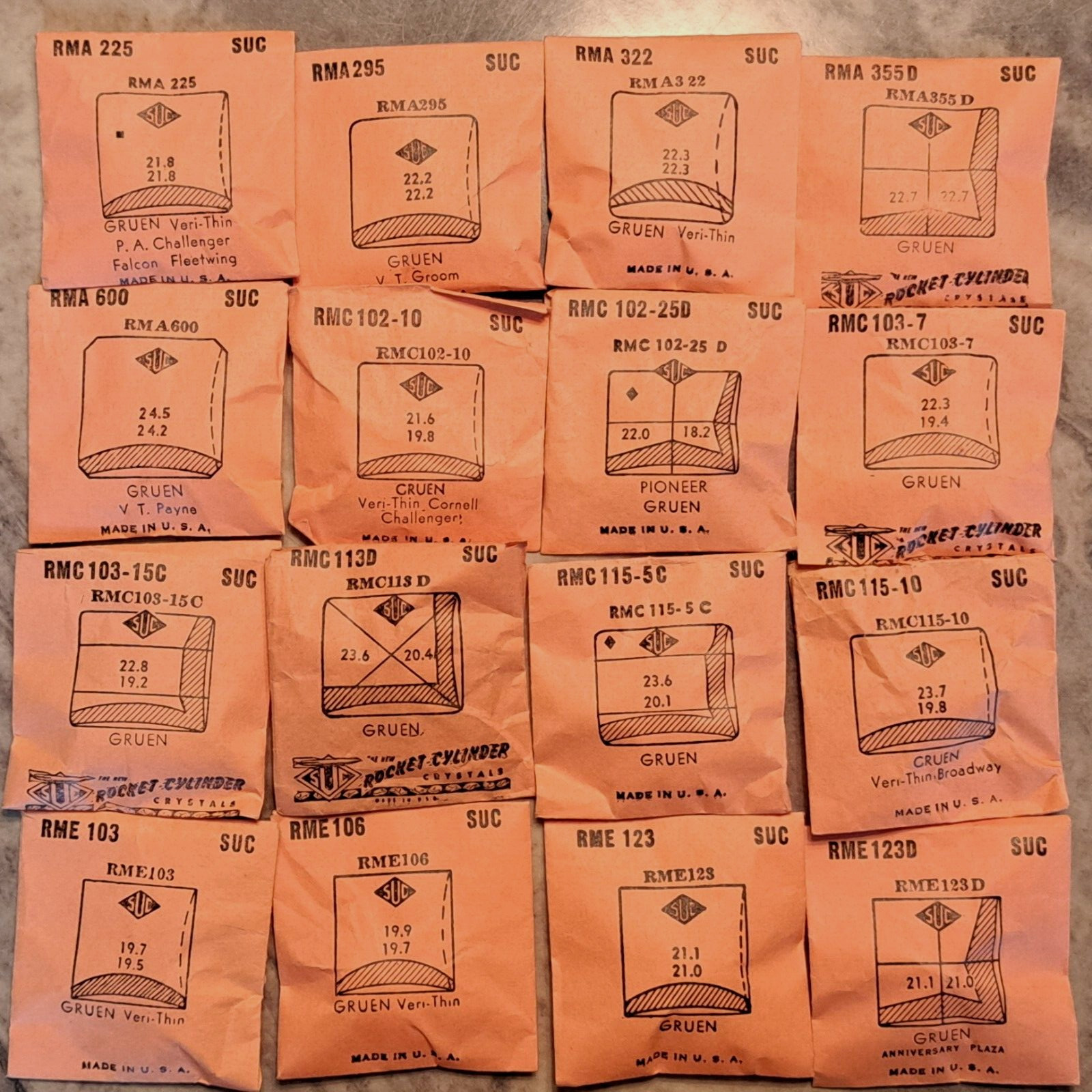 GRUEN WATCH CRYSTALS NOS – SUC BRAND many varieties (RA to RMN) page 1 0f 3