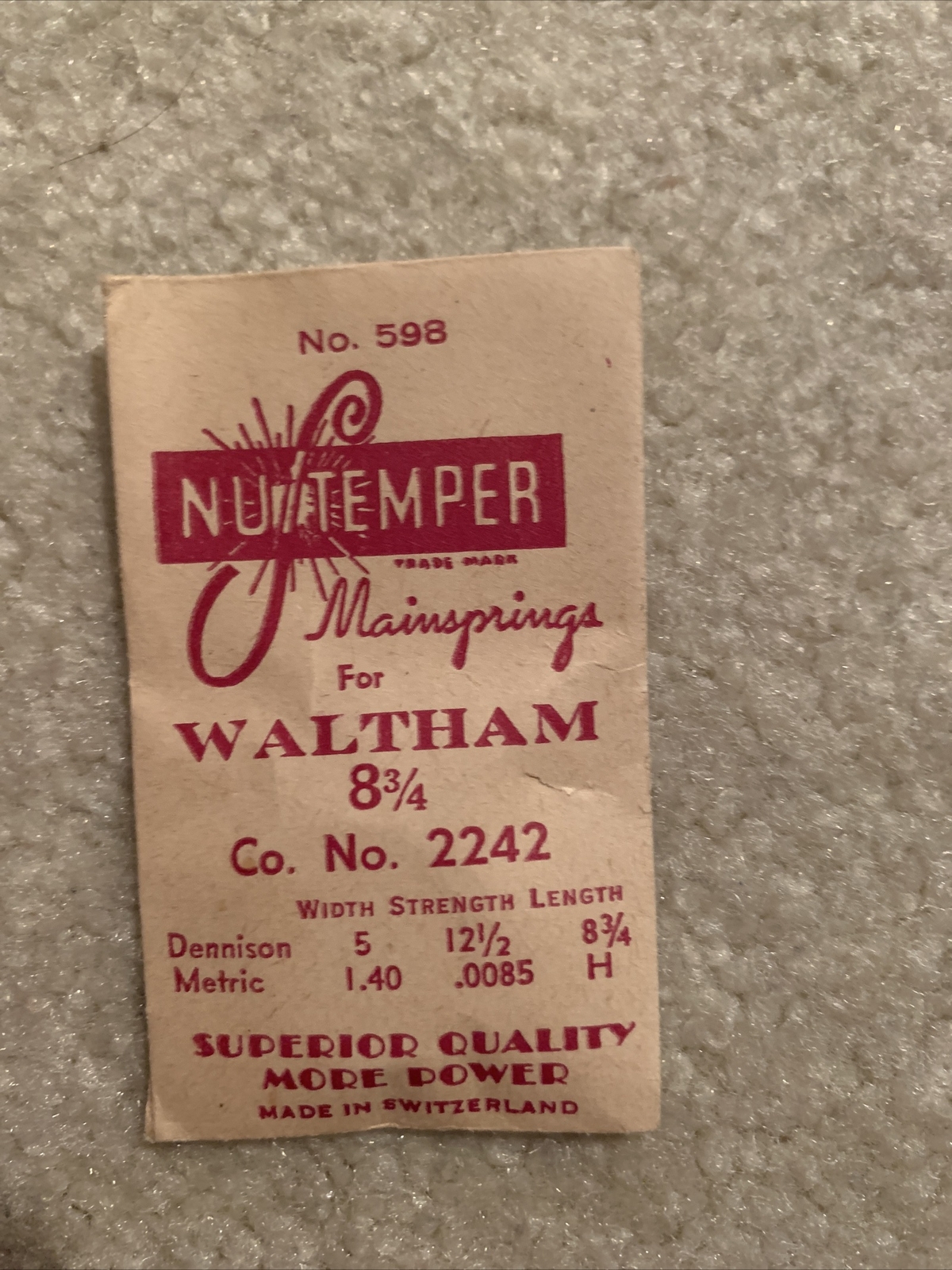 NuTemper Mainspring #598 For Waltham 8-3/4 Co. No. 2242 Swiss 5W 12.5S 8.75L