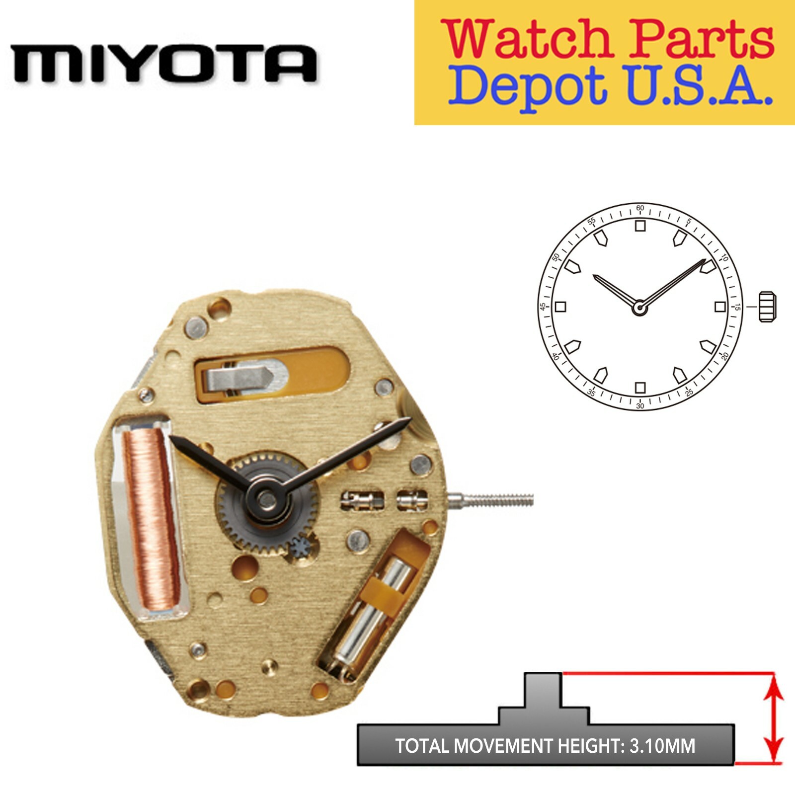 Original Miyota 9T22 Japan Quartz Movement, 2 Hands New!