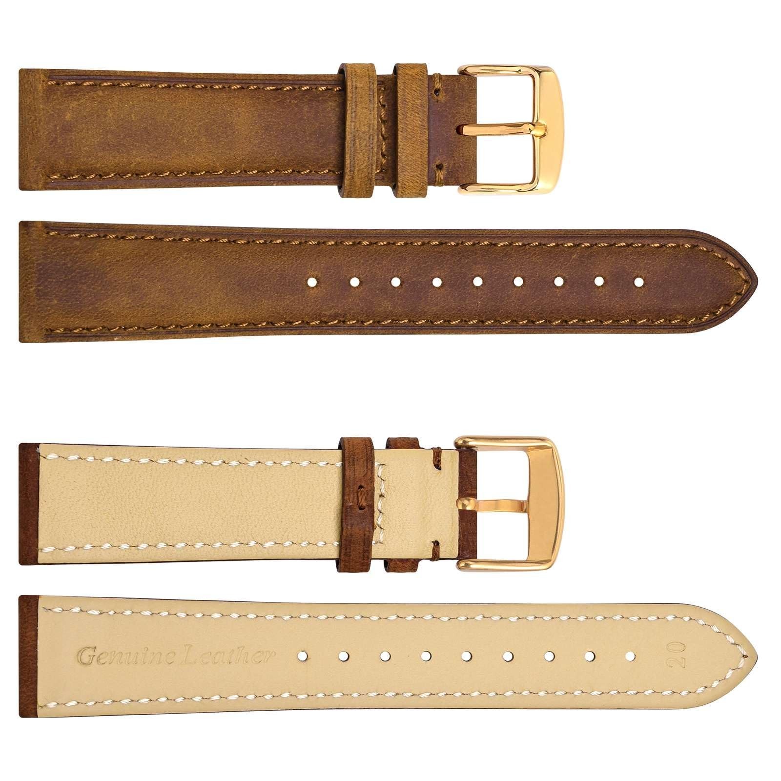 WOCCI 18mm Genuine Leather Watch Band with Gold Buckle (Caramel Brown)