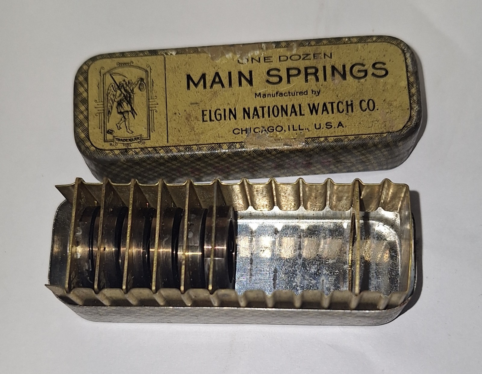 6 X Elgin Size 18 Mainspring Part No. 1956 Thick .007 in Original Tin Box N.O.S.