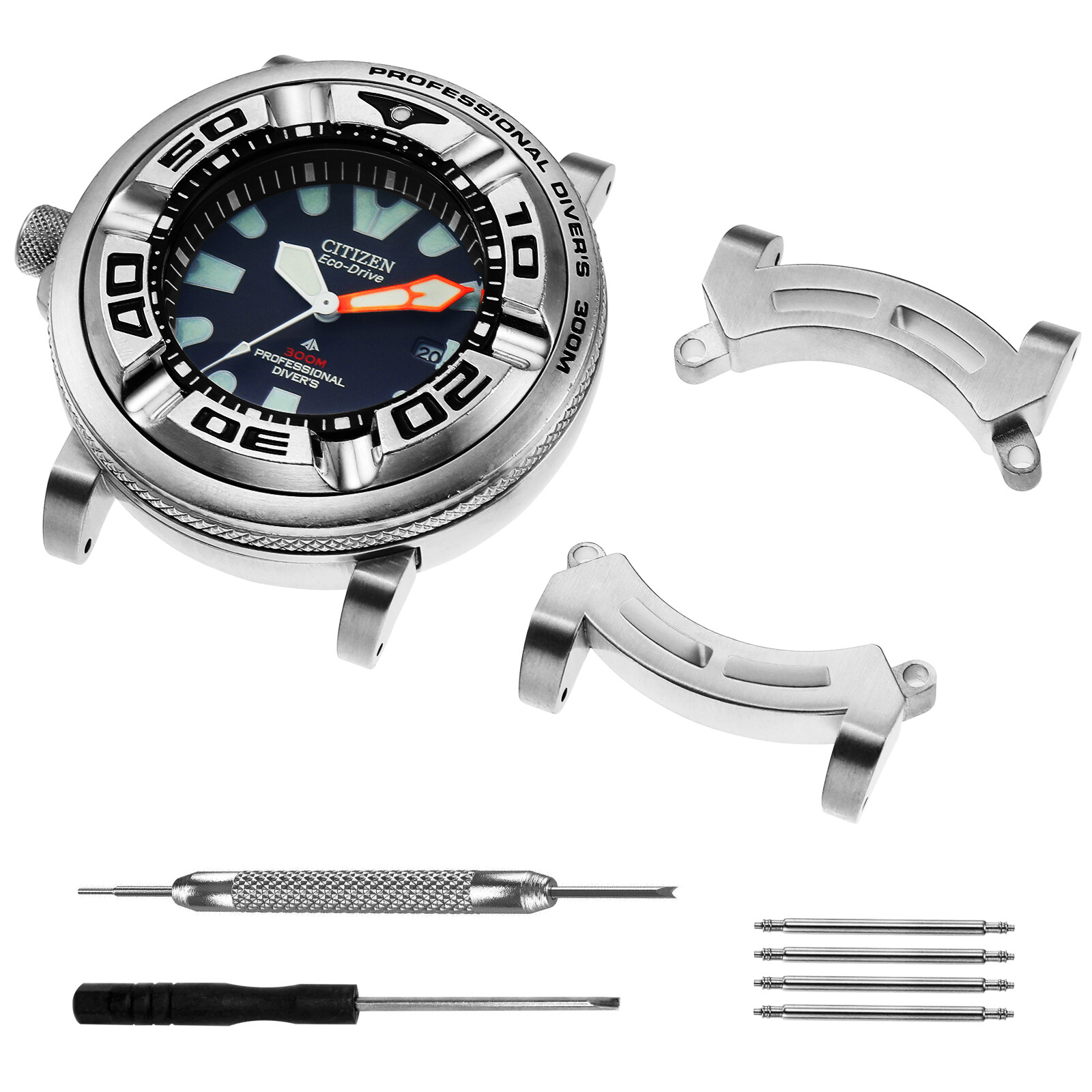 Silver Watch Connector Eco-Drive Edelstahl adapter for Citizen Ecozilla BJ8050