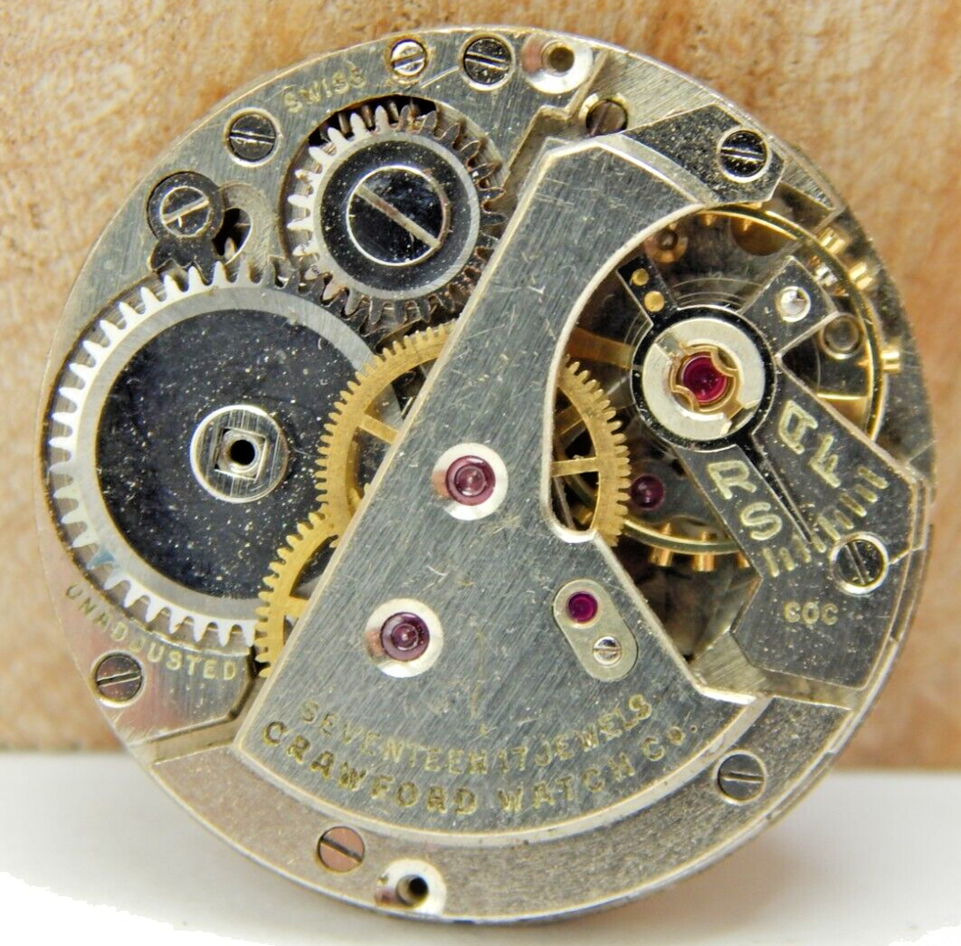 Vintage Crawford 17 jewel 23.2mm men’s wrist watch movement with dial and hands
