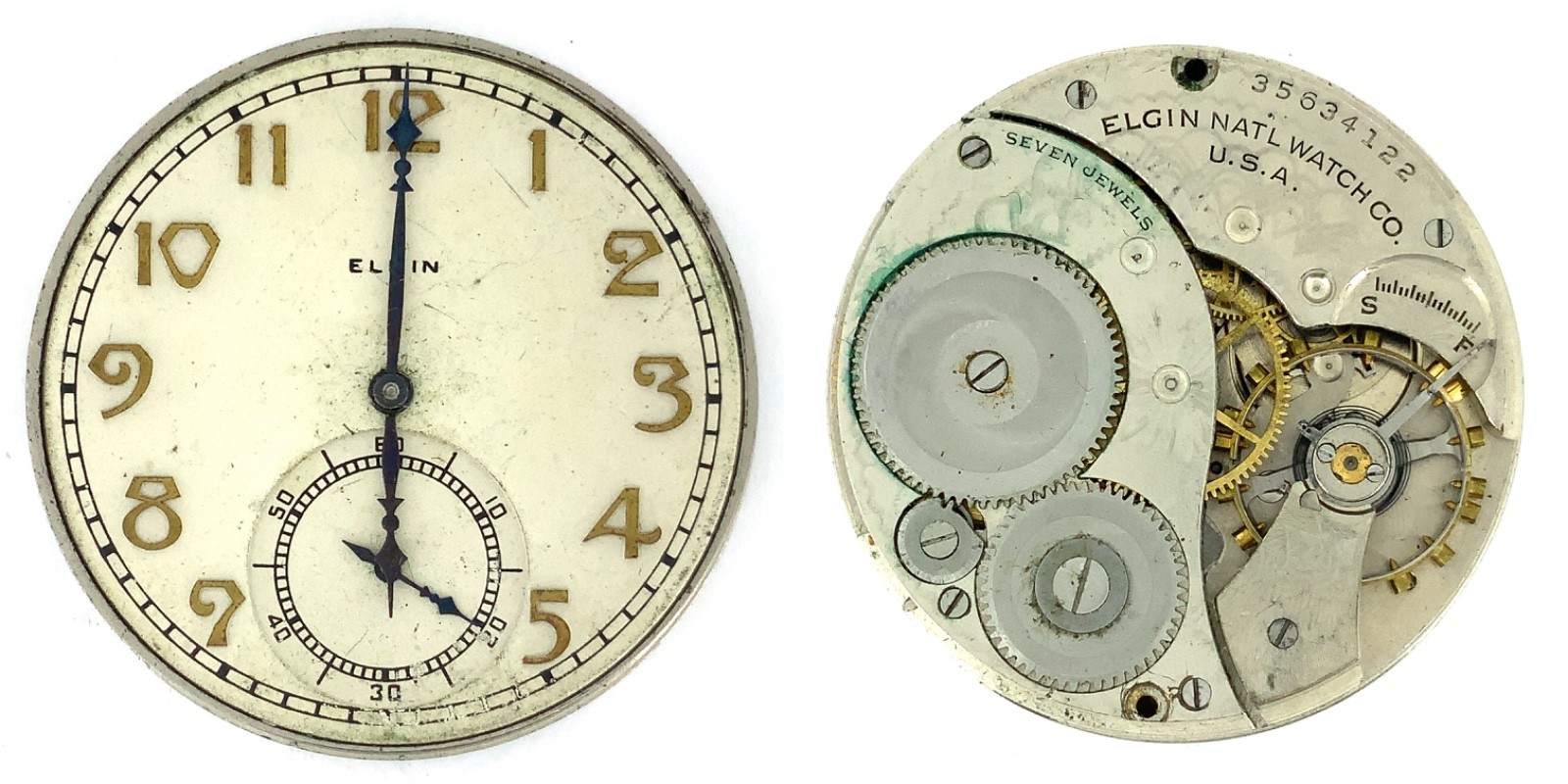 1935 Elgin, Model 3, Grade 303, 12s, 7J, Pocket Watch Movement – RUNS