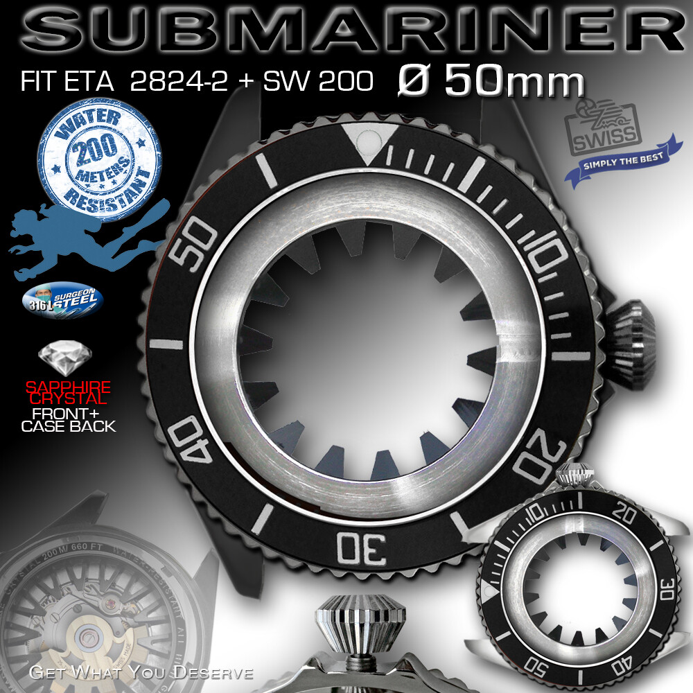SUBMARINE CASE Ø 50 MM, 200M ATM, ETA 2824-2 OR SW 200, ST-STEEL, BLACK PVD