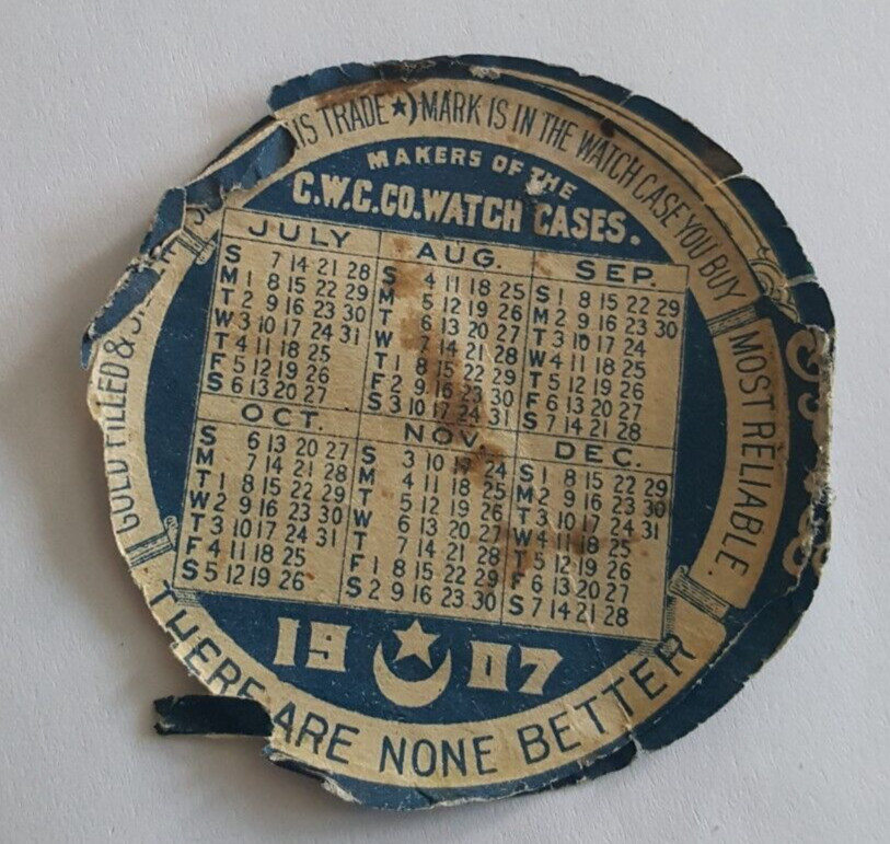 1907 Crescent Watch Case Co Paper Calendar Repair Insert Newark N.J.