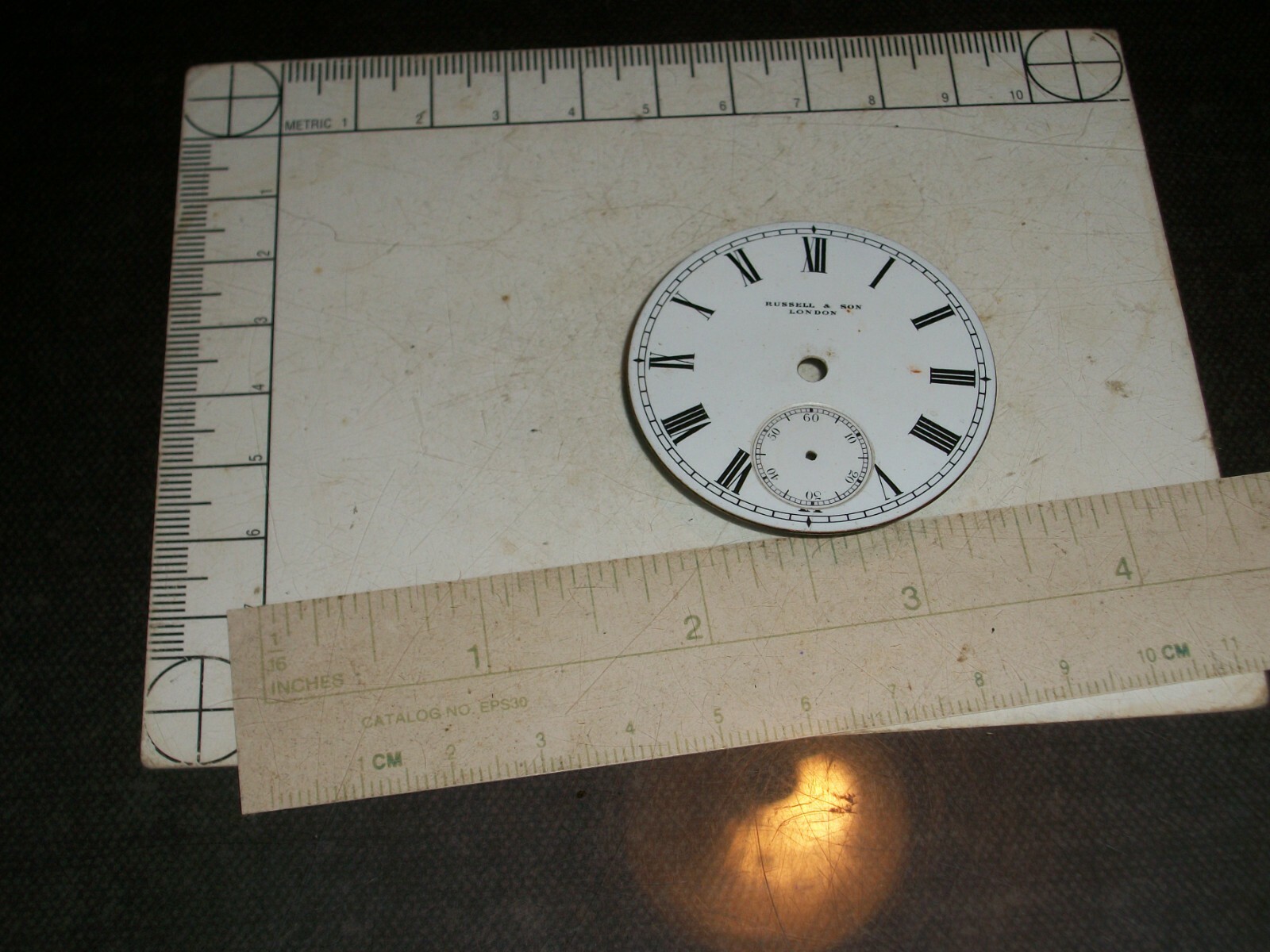 Antique Pocket Watch Dial – Porcelain/ Roman Numeral “Russell & Son, London”
