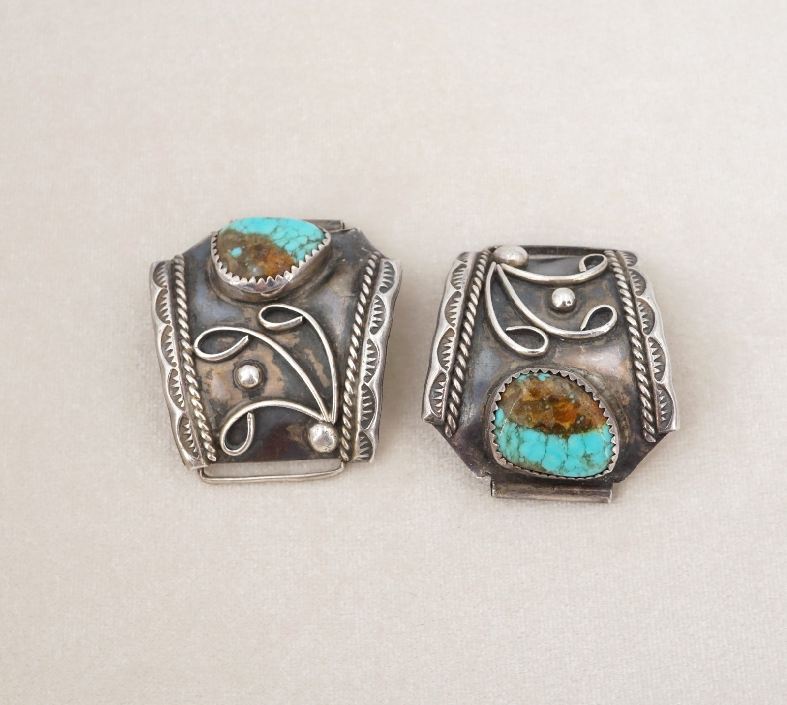 Navajo Turquoise Watch Tips Sterling Silver Ornate Signed 1.5″ Natural M1924