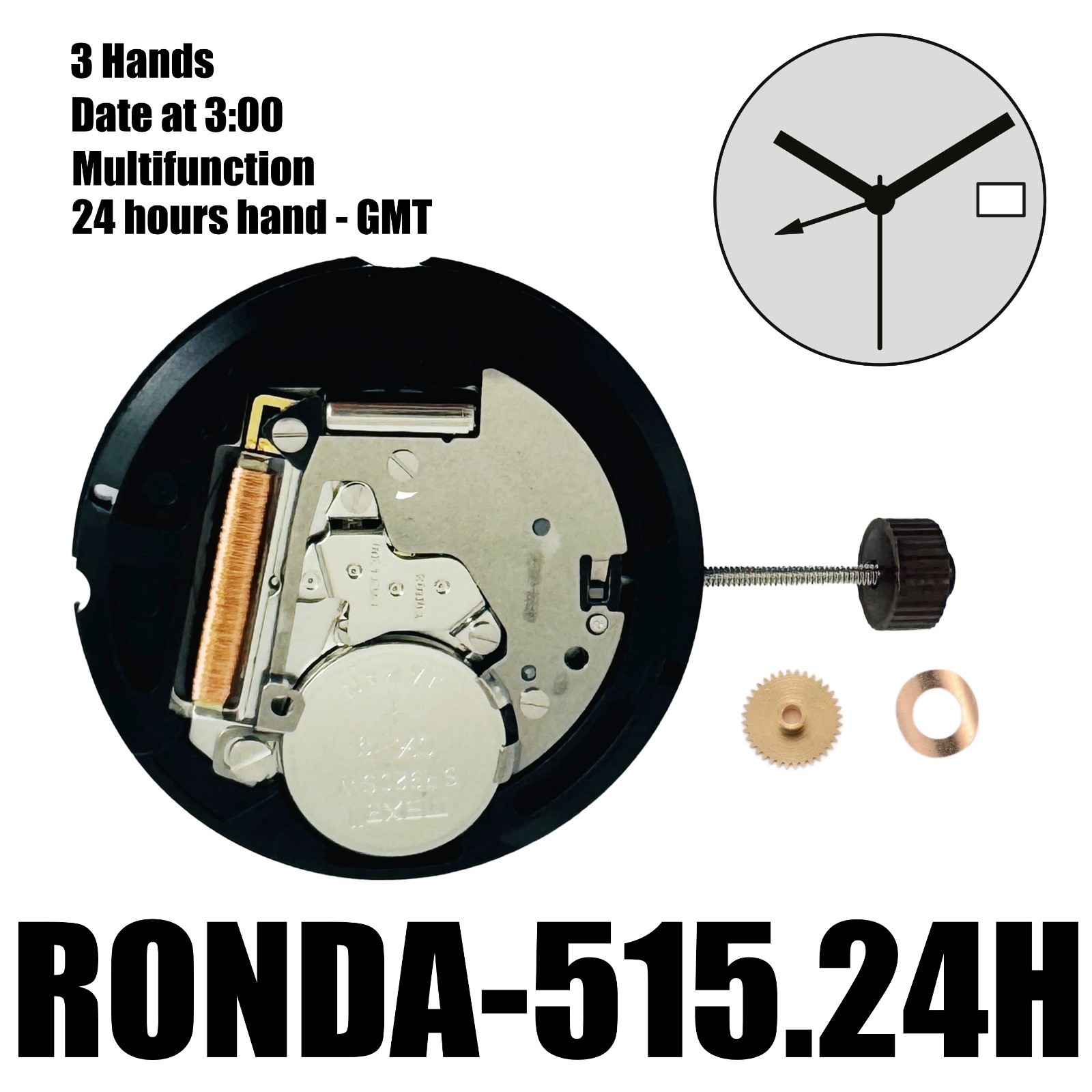 Genuine Ronda 515.24H Quartz Movement Swiss 3 Hand GMT Watch Repair Part 1 Jewel
