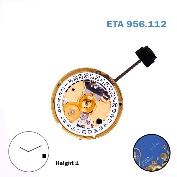 ETA 956.112 Gucci-1 Swiss Made Watch Movement, White Date Disk at 4, Height 1.