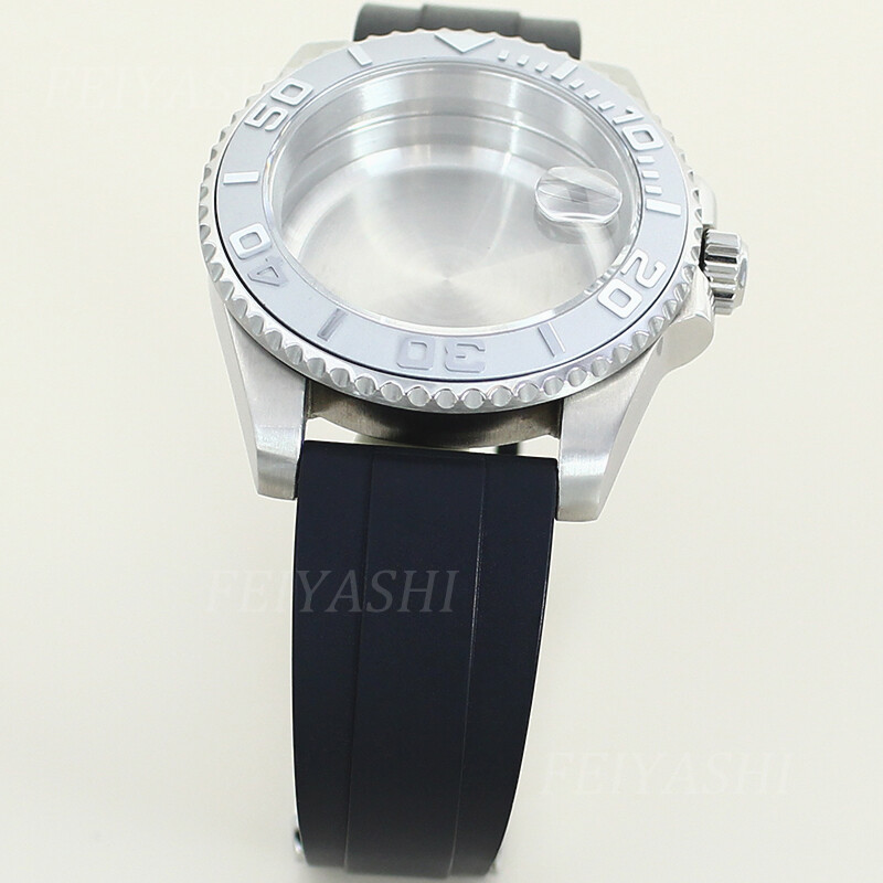 silvery 40mm Yacht Watch Case Rubber Strap With Stainless Steel Sliding Buckle