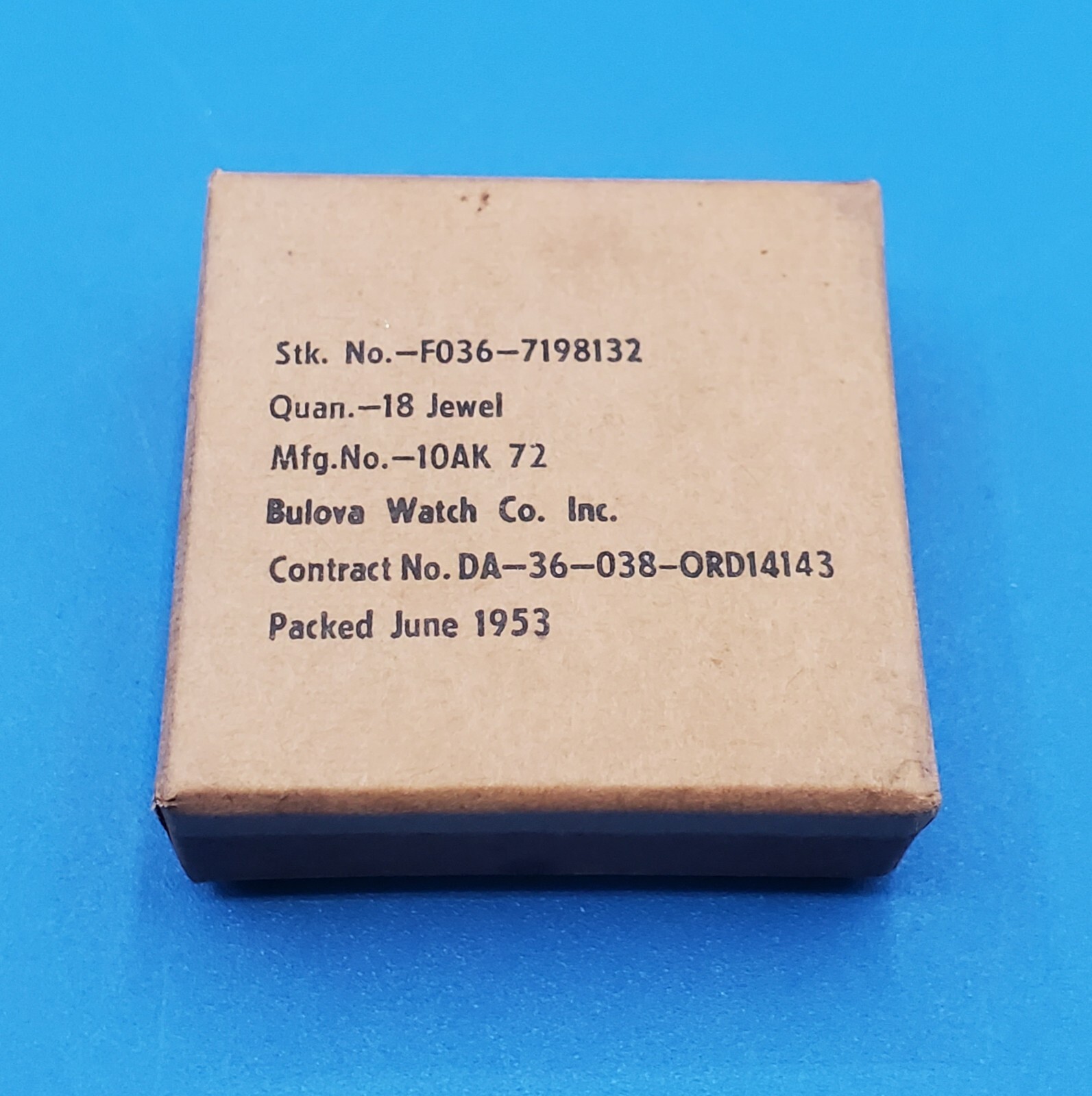 1953 Bulova Watch Co. Pack of 18 Jewels 10AK 72 New Old Stock