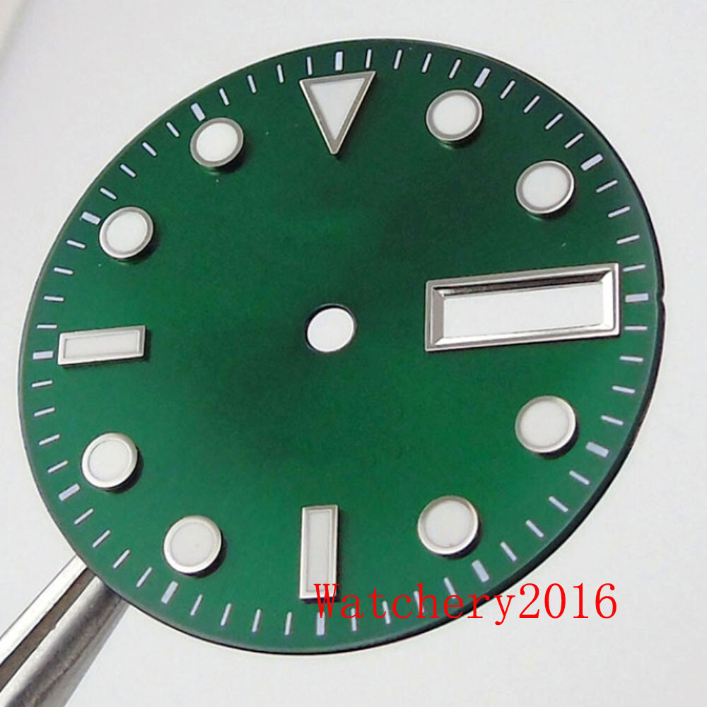 BLIGER 29mm Sunburst Watch Dial Green Luminous Double Date Window fit NH36 NH36A