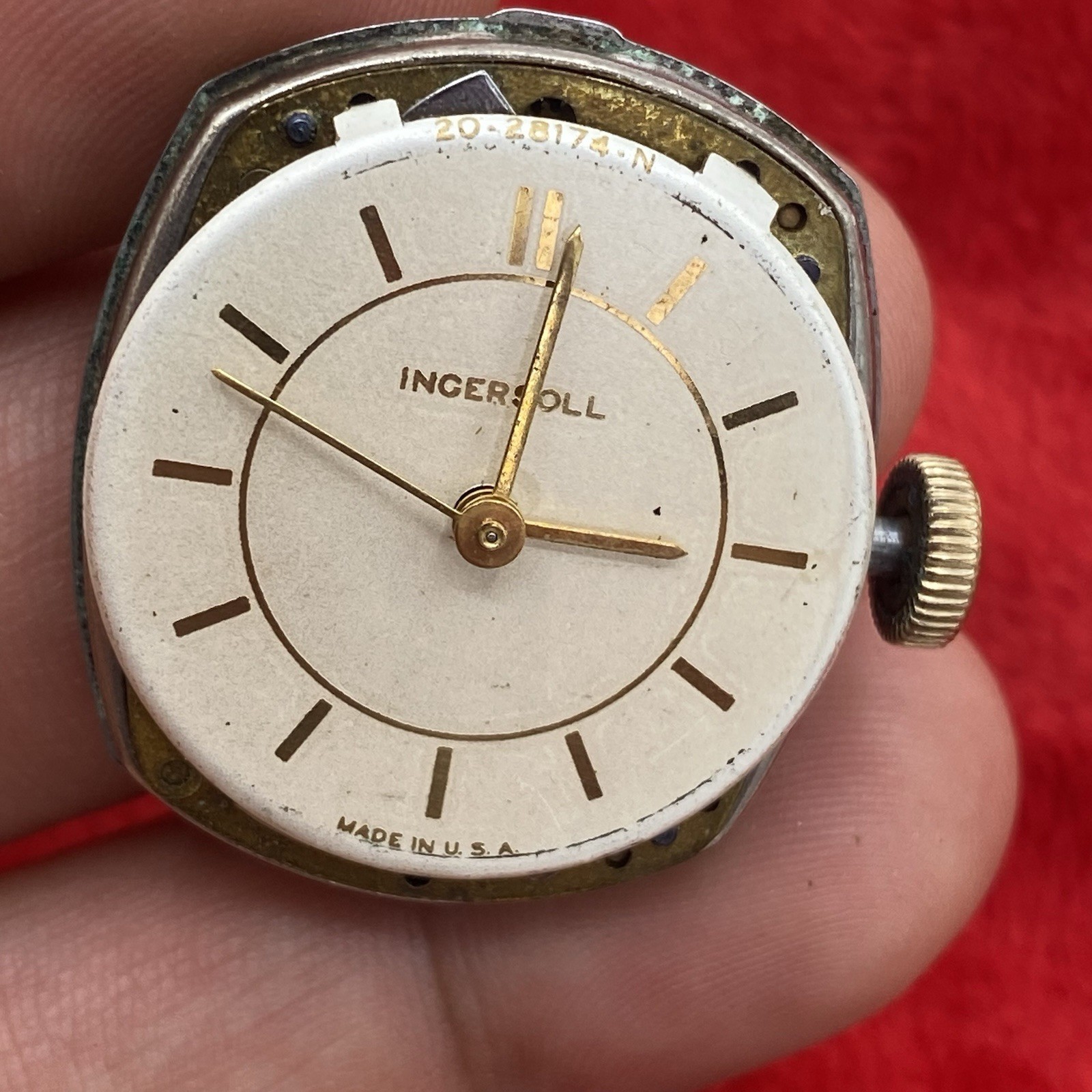 Antique Ingersoll watch movement w dial and hands for parts or repair Made USA