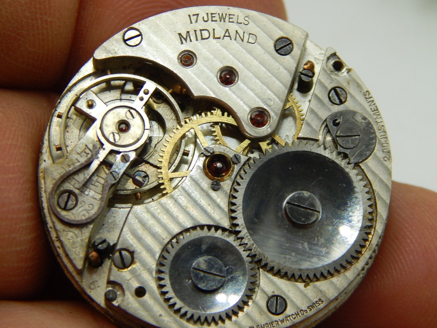 Antique Pocket watch movement Fleurier Midland 12 size 2 adjust swiss 17 jewel