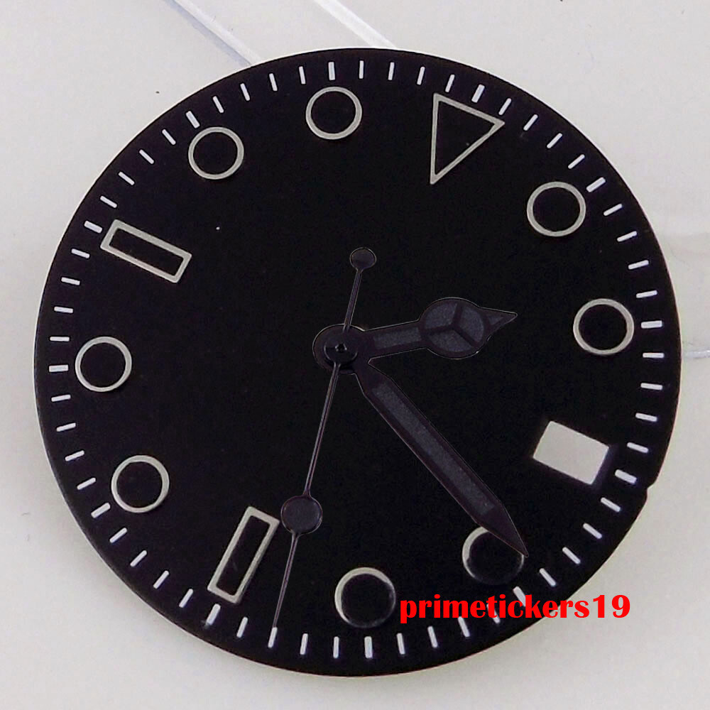 28.5mm Black/White/Green Sterile Watch Dial Face Hands Date Window Fit NH35 Movt