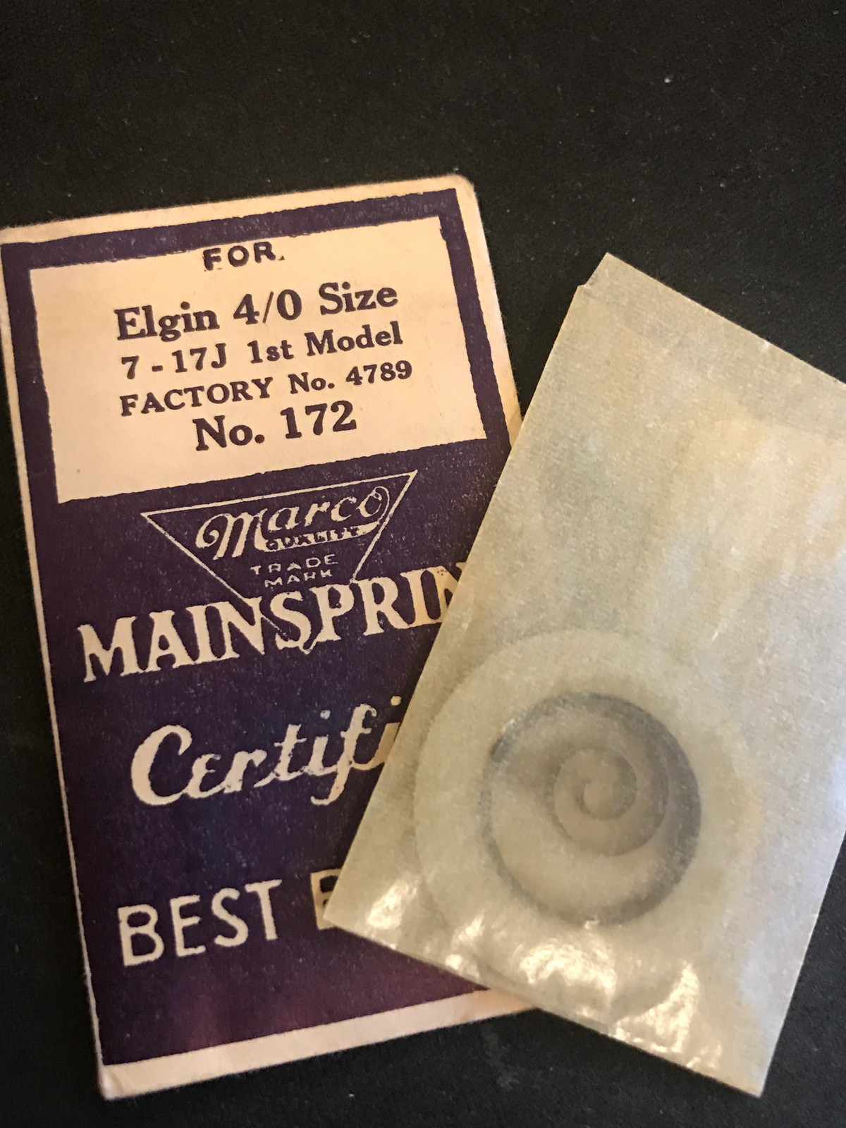 Marco Mainspring #172 for 4/0s Elgin 1st Model Factory No. 4789 – Steel