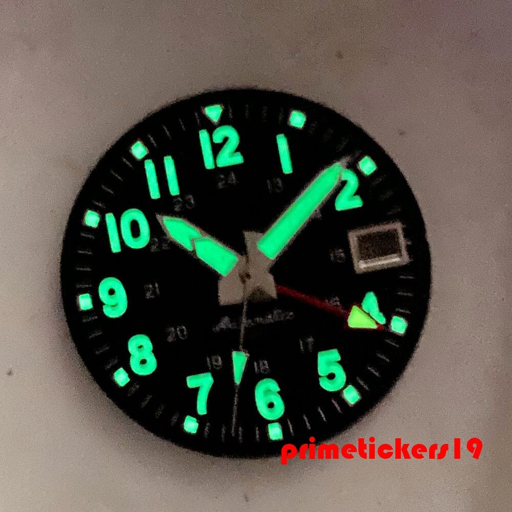 29mm Automatic GMT Pilot Watch Dial+Hands Date Green Lume Wristwatch Mod Parts