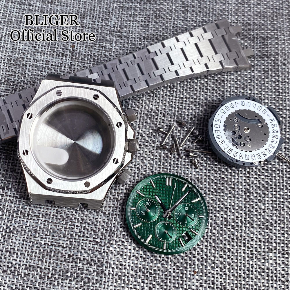 42mm Brushed Watch Case Bracelet 32.1mm Black Blue Dial Fit VK63 Quartz Sapphire