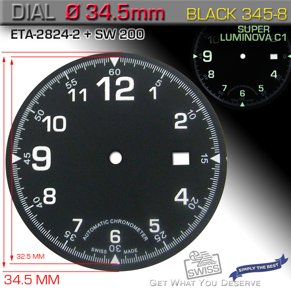 DIAL FOR MOVEMENT ETA 2824-2 + SW200 Ø 34.5 MM, BLACK, SUPERLUMINOVA C1