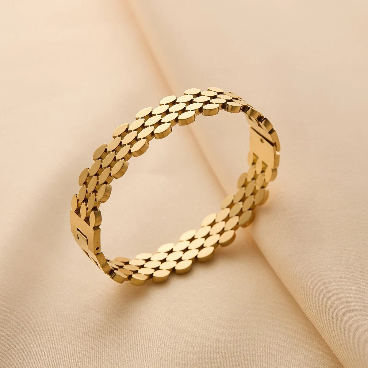 10Mm Wide Woman 18K Gold Plated Stainless Steel Beehive Bracelet Bangle