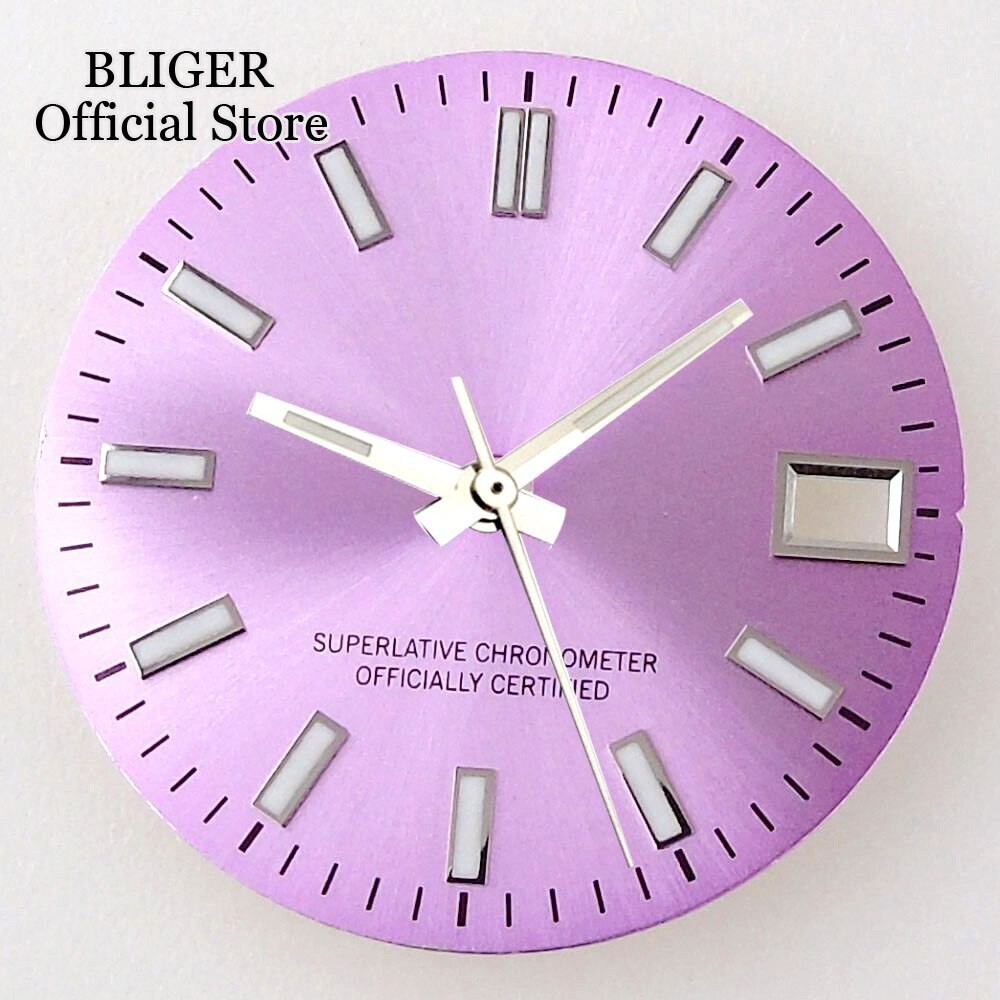 28.5mm Sunburst Pink Silver Watch Dial+Hands Green Lume Fit NH35A NH36A Movement