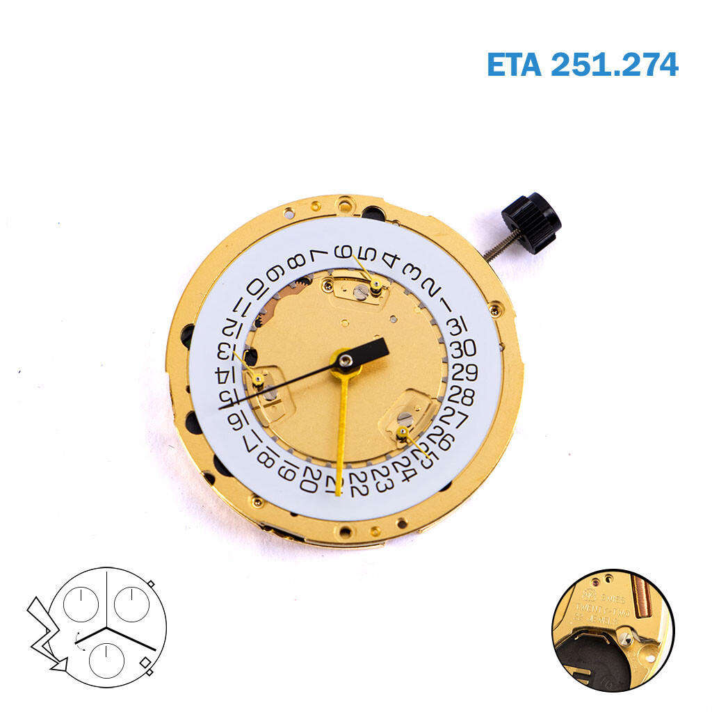ETA SWISS MADE 251.274 Replaces Eta 251.272 Chronograph , WHITE DISK AT 4.