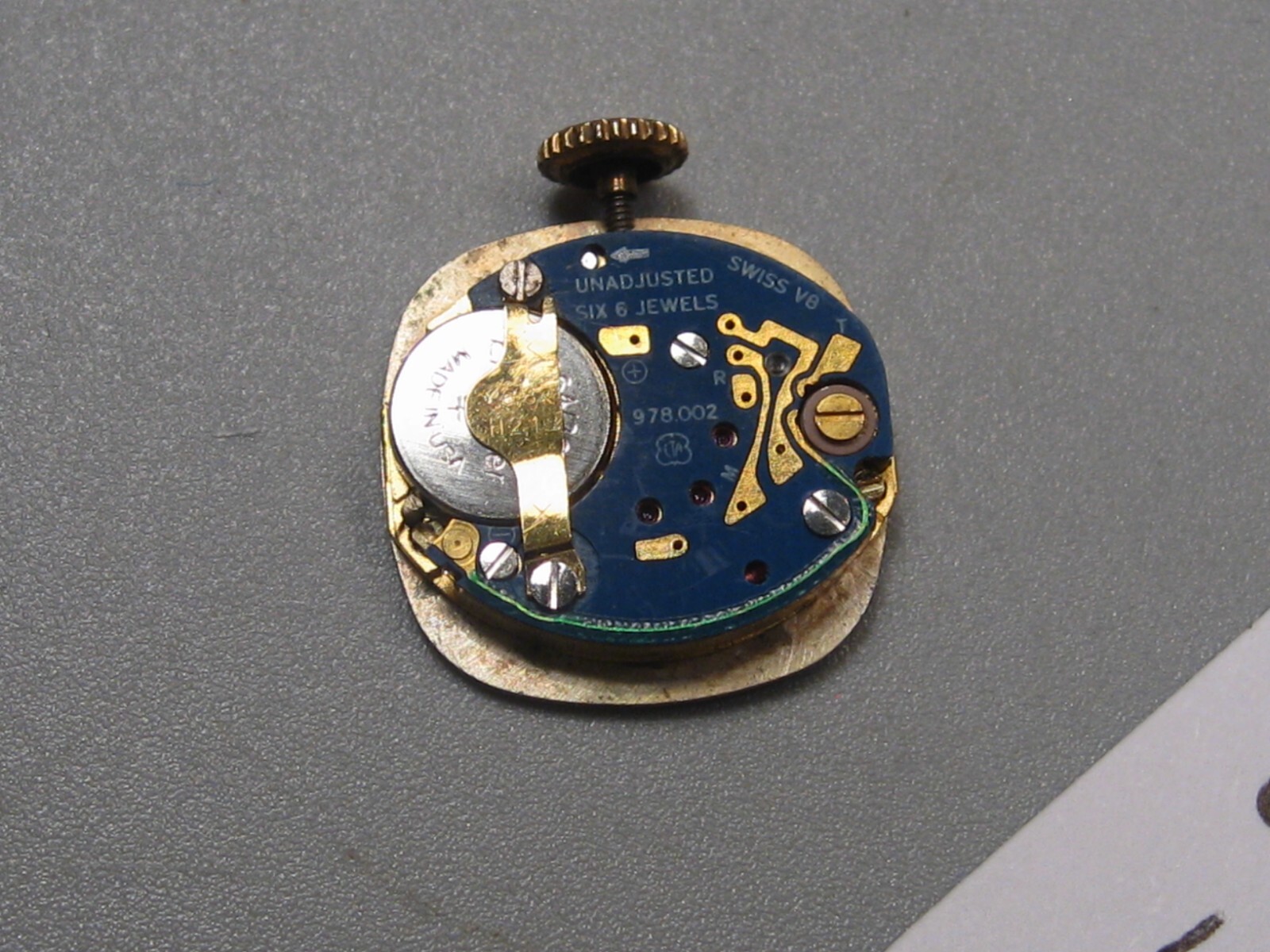 OMEGA Watch Movement. 6 Jewel, Quartz, Swiss Dial, Hands, Crown. Un-tested.